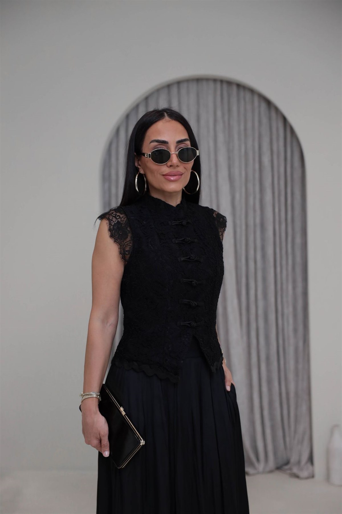 7139 Güpür Detaylı Hakim Yaka Yelek SİYAH