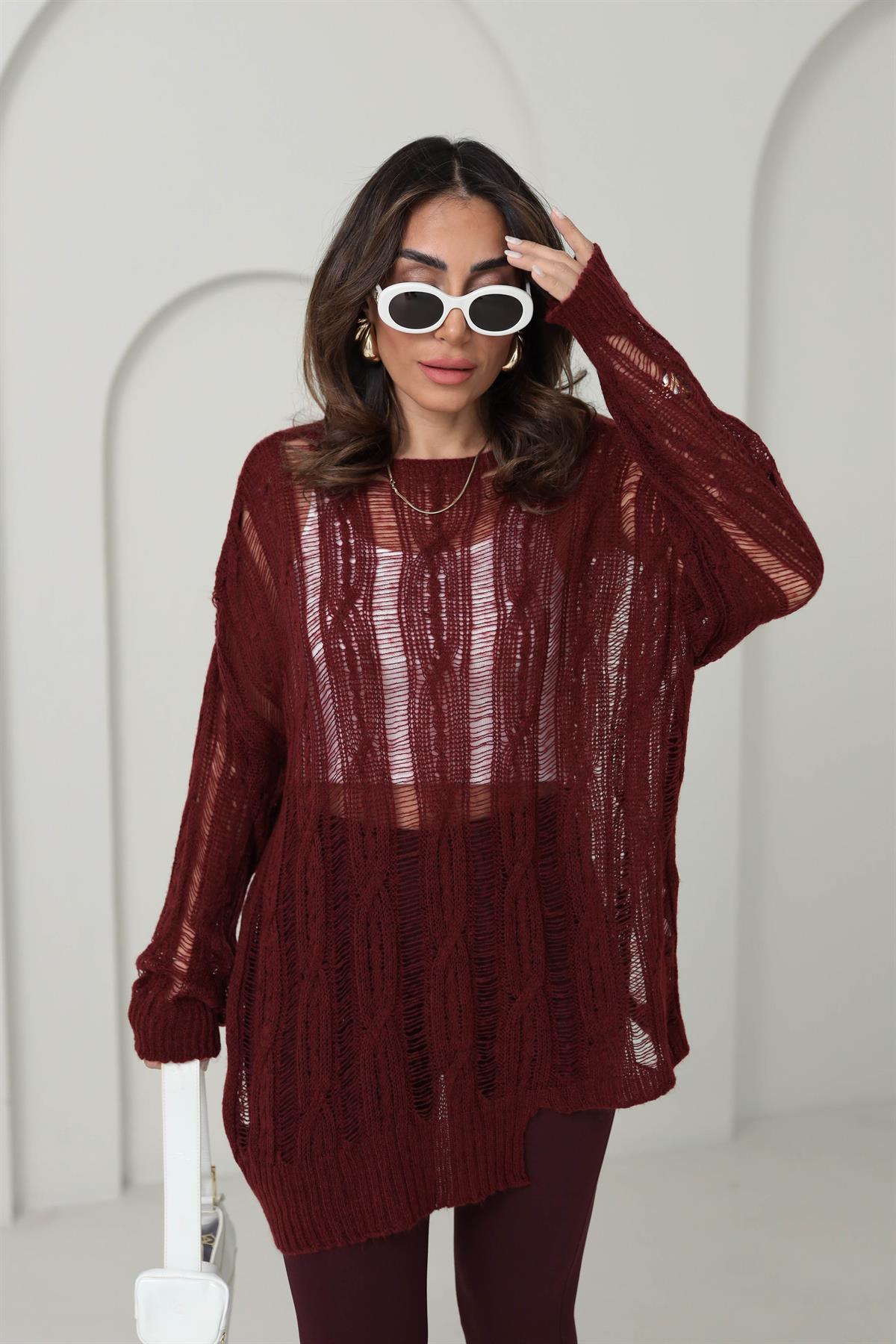 4134 Saç Örgülü Ajurlu Triko BORDO