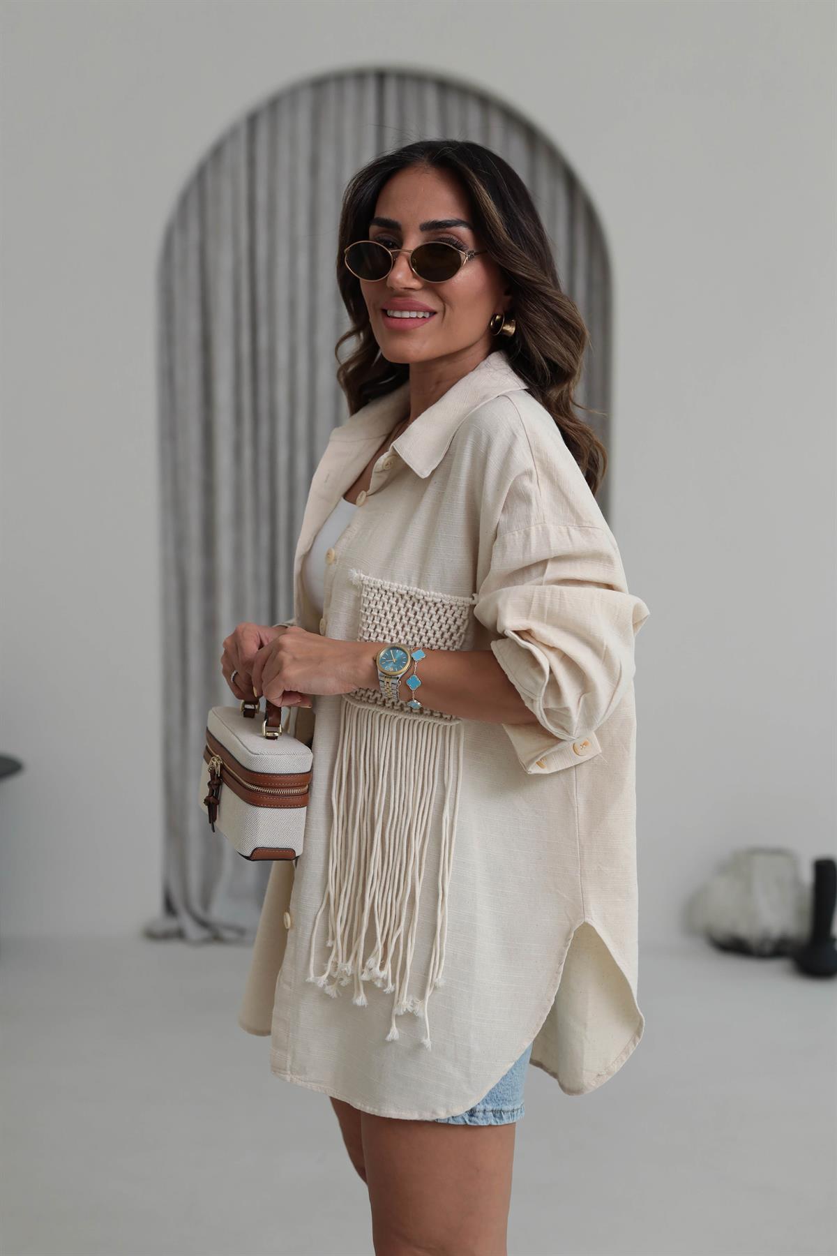 4763 Püskül Dokuma Detay Keten Gömlek TAŞ