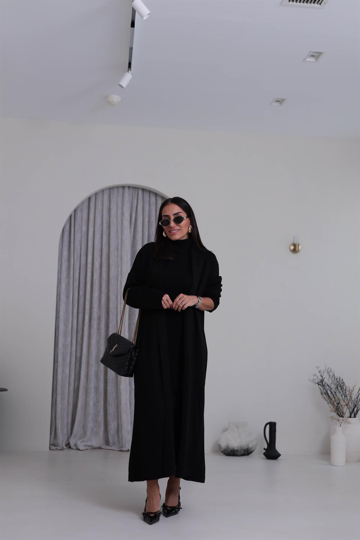 0117 Balıkçı Yaka Sıfır Kol Elbiseli Hırkalı Takım SİYAH