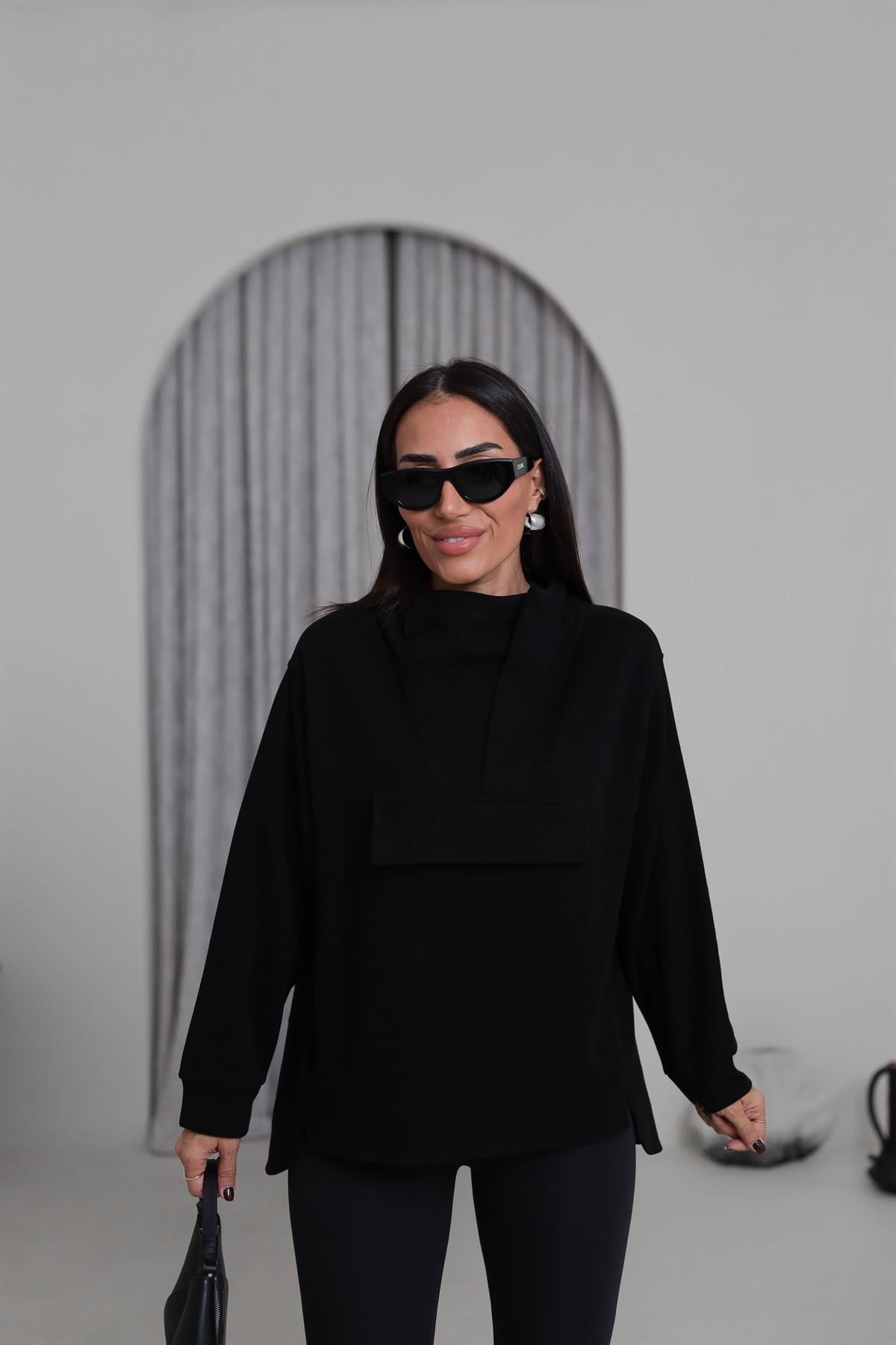 1750 Yaka Detay Selanik Kapşonlu Sweatshirt SİYAH