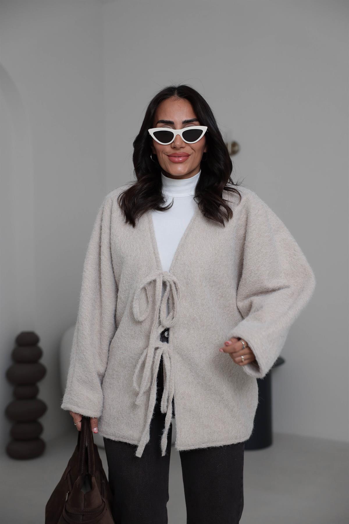 8989 Önü Bağlamalı Oversize Keçe Ceket TAŞ