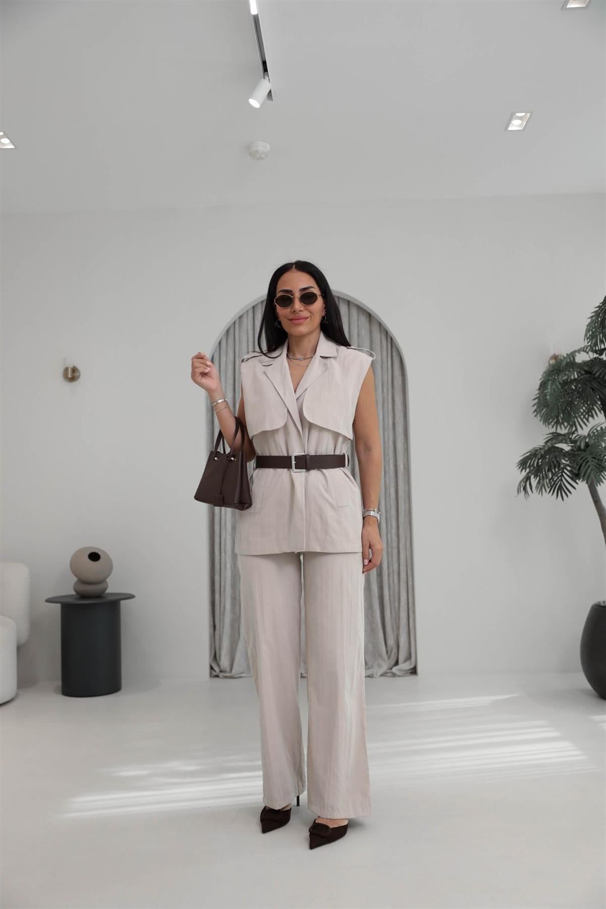 0719 Kemerli Tencel Kumaş Pantolon Yelek Takım BEJ