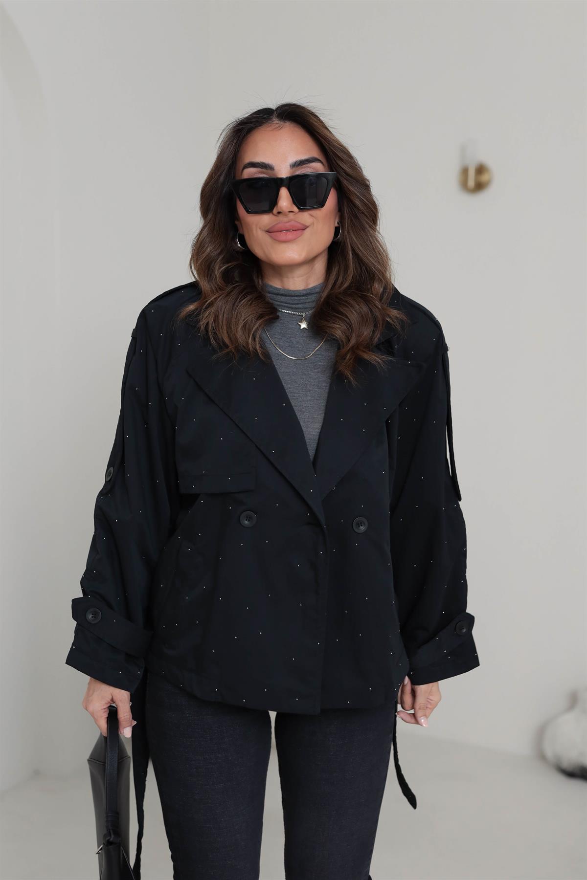 9544 Taşlı Kuşaklı Kısa Trençkot SİYAH