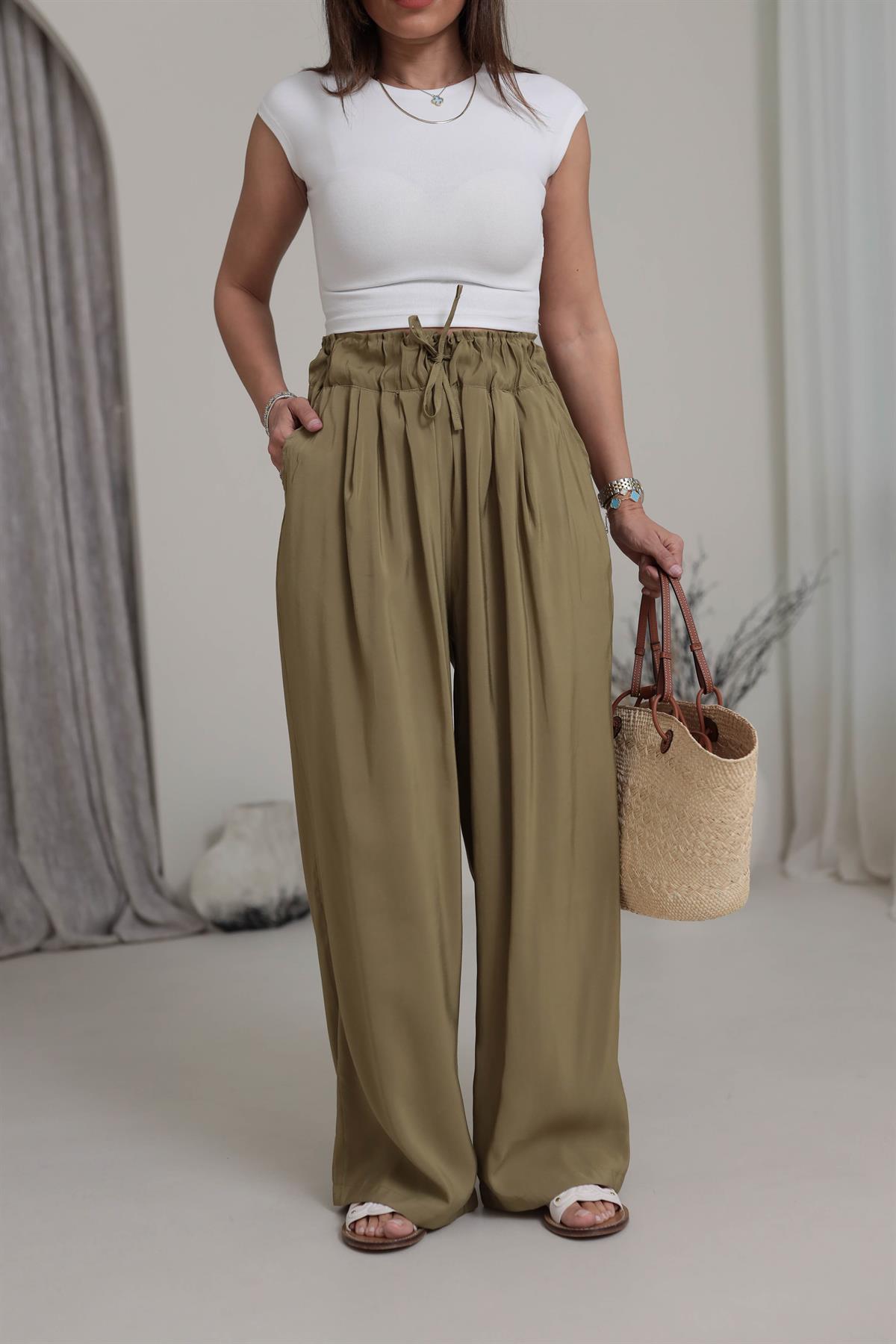 0165 Yüksek Bel Lastikli Bol Paça Tencel  Pantolon HAKİ YEŞİL