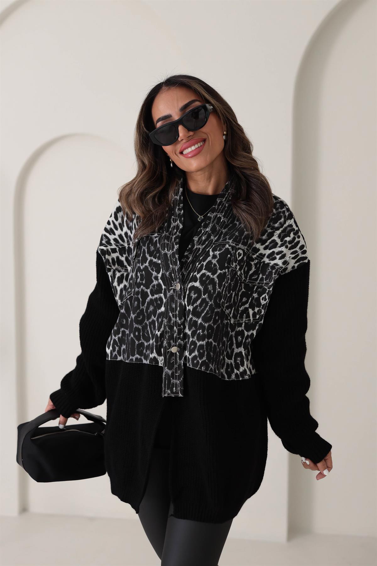 4139 Tasarım Triko ve Kot Garnili Ceket Hırka LEOPAR SİYAH