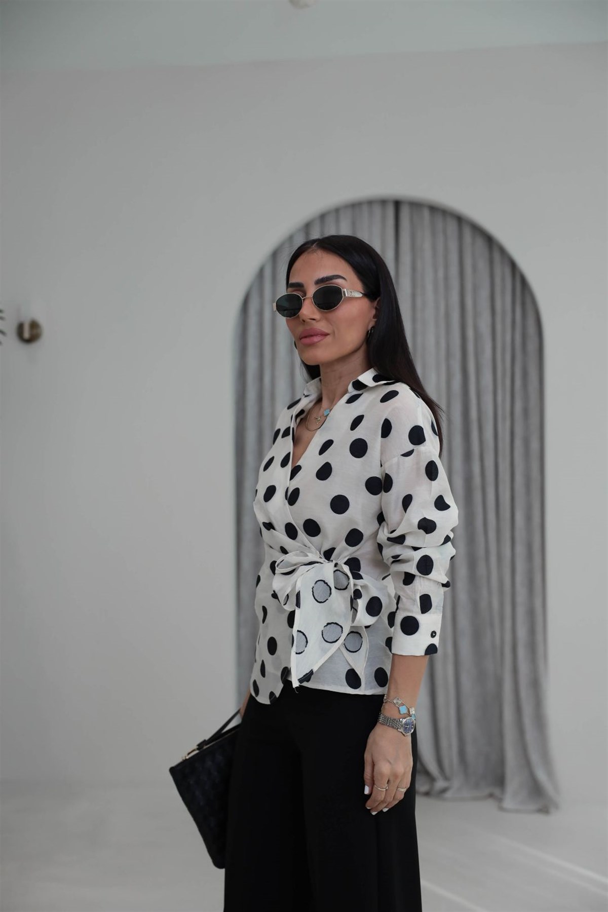 1414 Puantiyeli Bağlamalı Viskon Gömlek BEJ