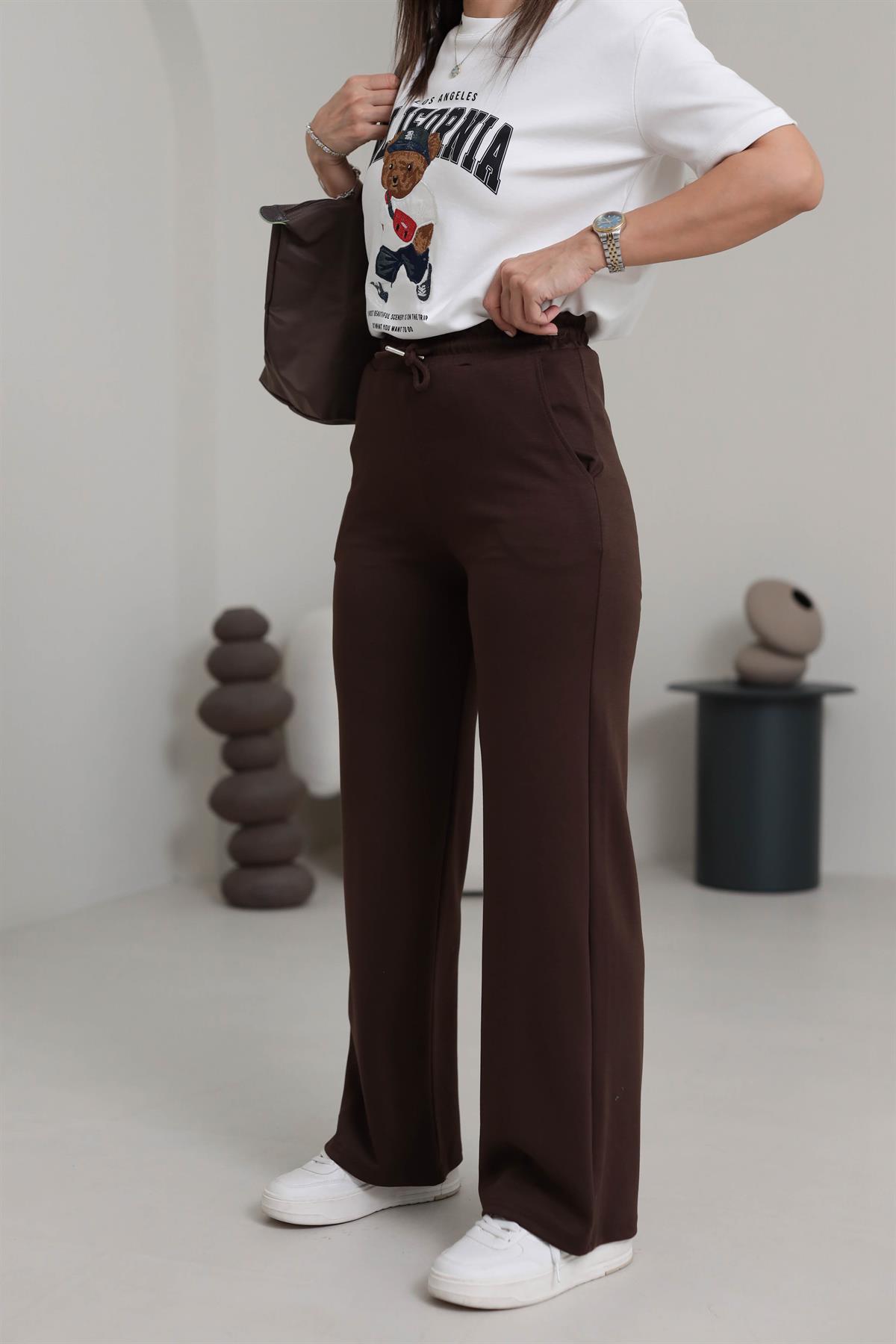 0016 Modal Kumaş Bel Lastikli Palazzo Eşofman Altı KAHVE
