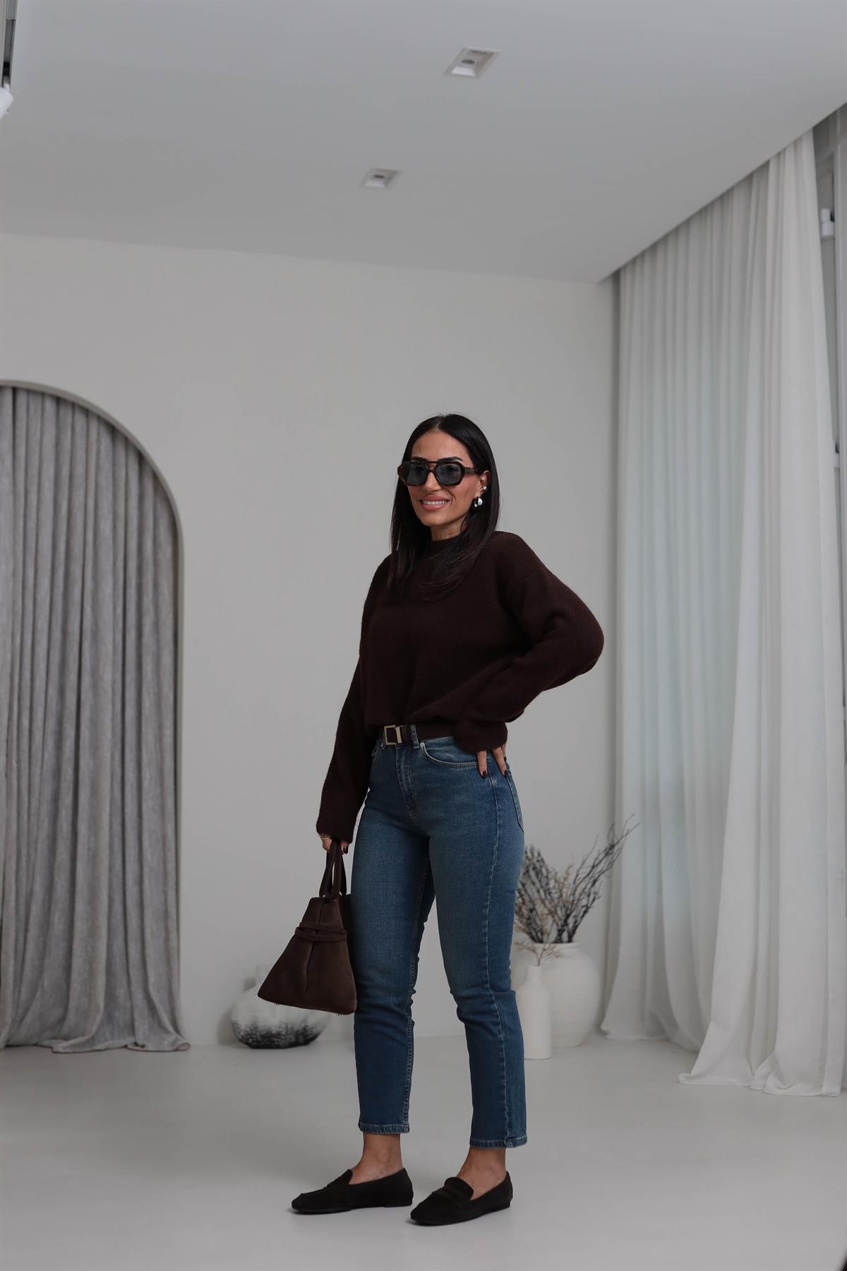 0640 Bisiklet Yaka Yumuşak Dokulu Triko Kazak KAHVE