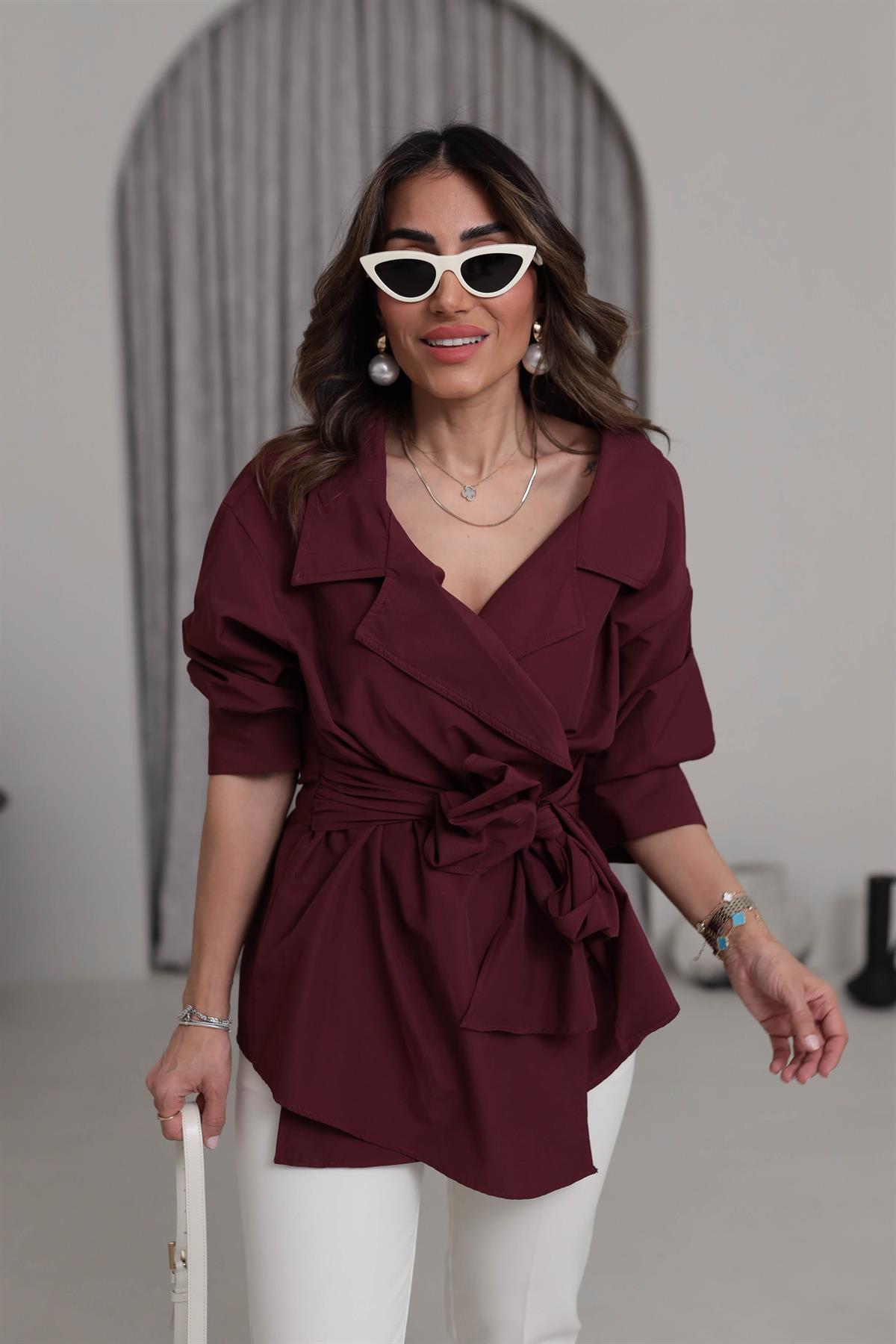 3165 Kruvaze Kuşaklı Poplin Gömlek Bluz BORDO