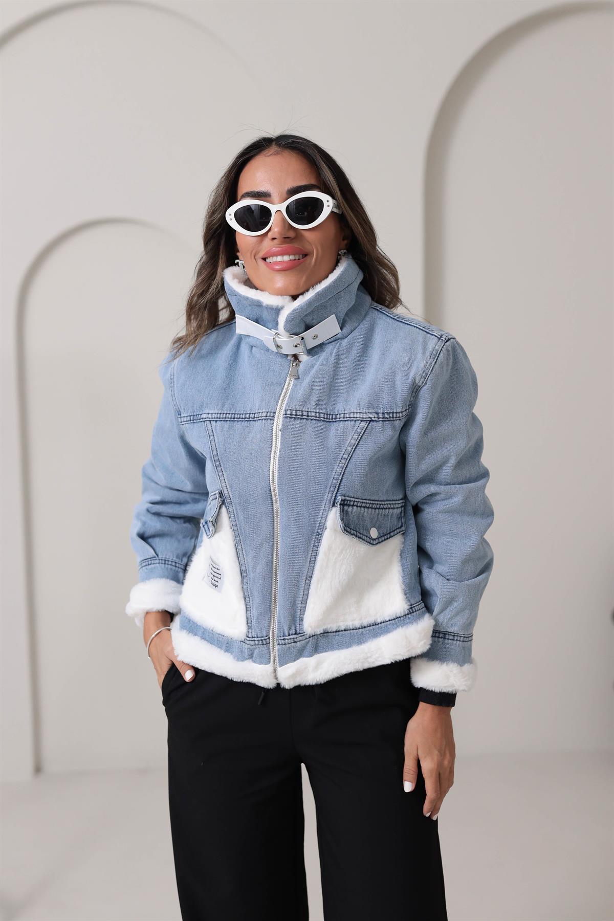 2438 Beyaz Kemer ve Kürk Detaylı Kot Mont