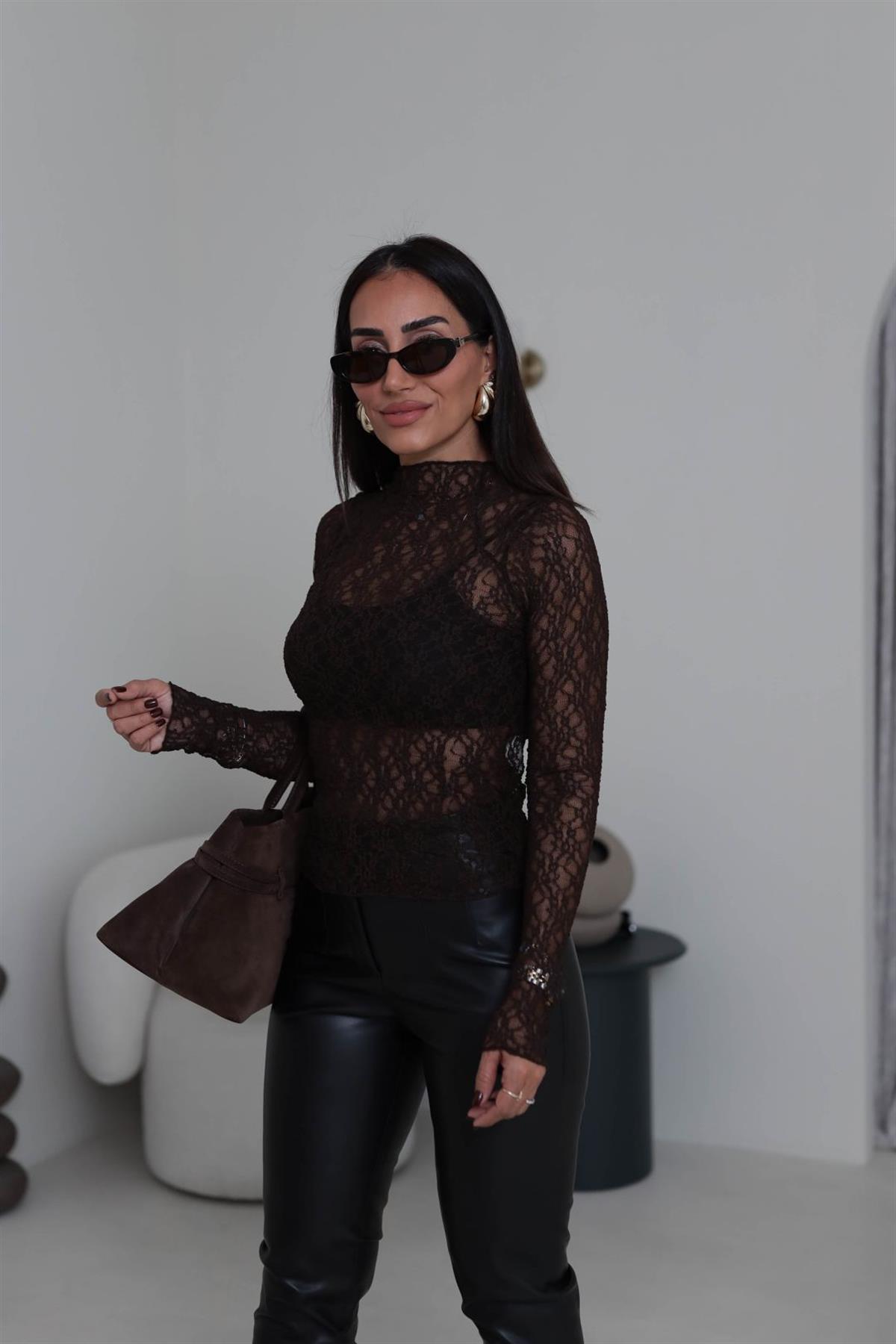 1013 Uzun Kollu Dantel Bluz ACI KAHVE