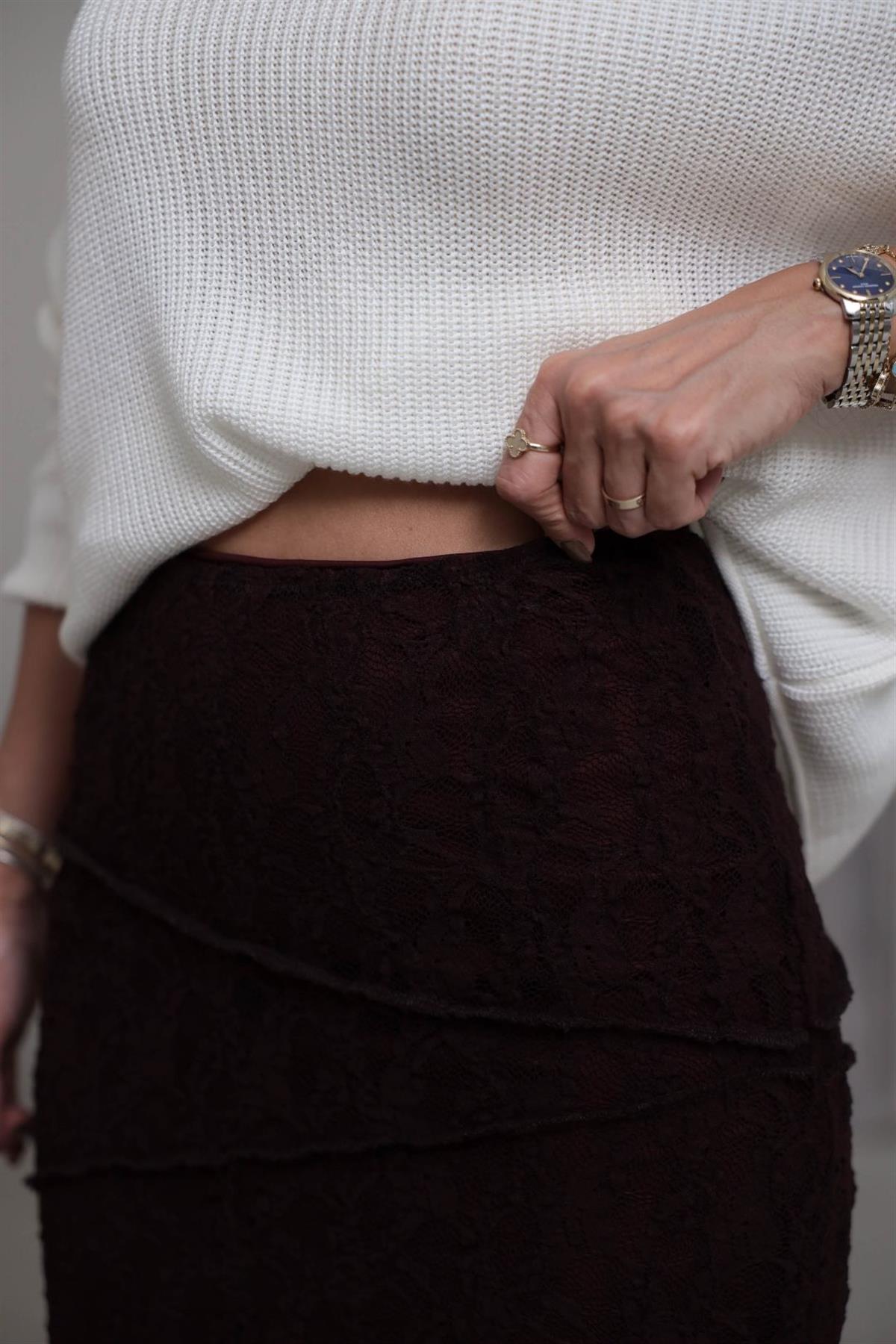 8818 Astarlı Dikiş Detaylı Dantel Etek MÜRDÜM