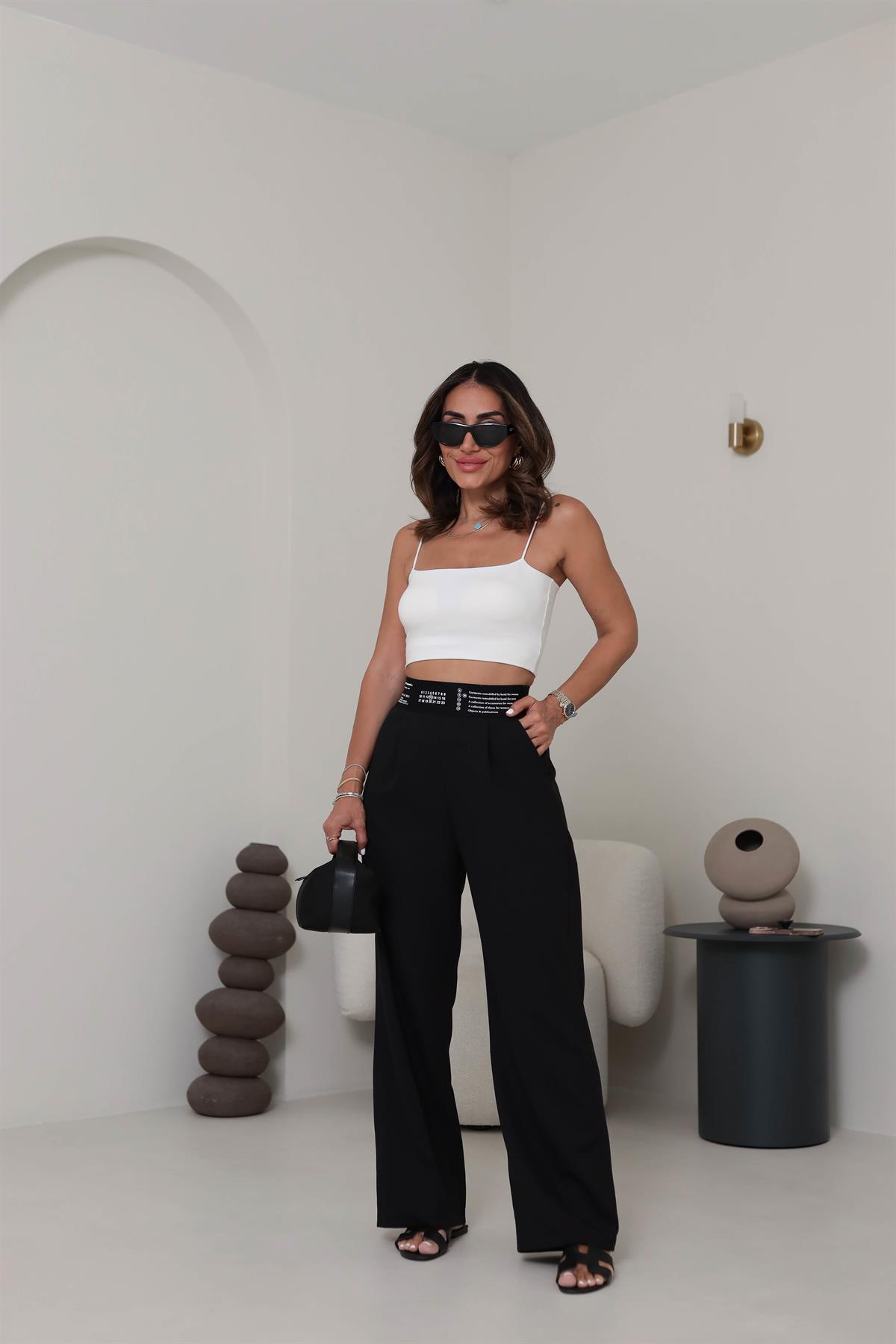 1153 Beli Lastik Ve Yazılı Palazzo Pantolon SİYAH
