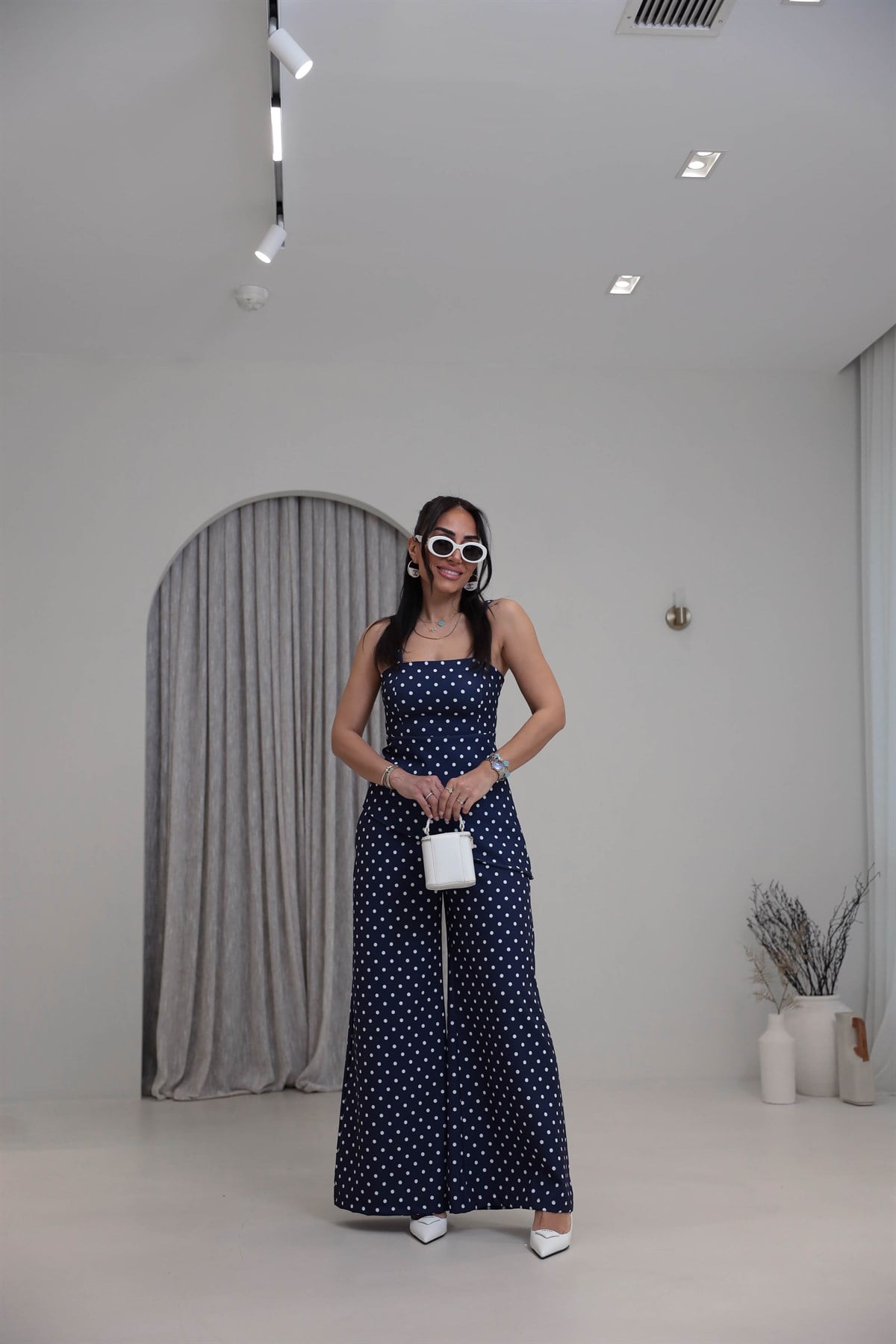 4161 Puantiyeli Askılı Bluz Pantolon Takım LACİVERT