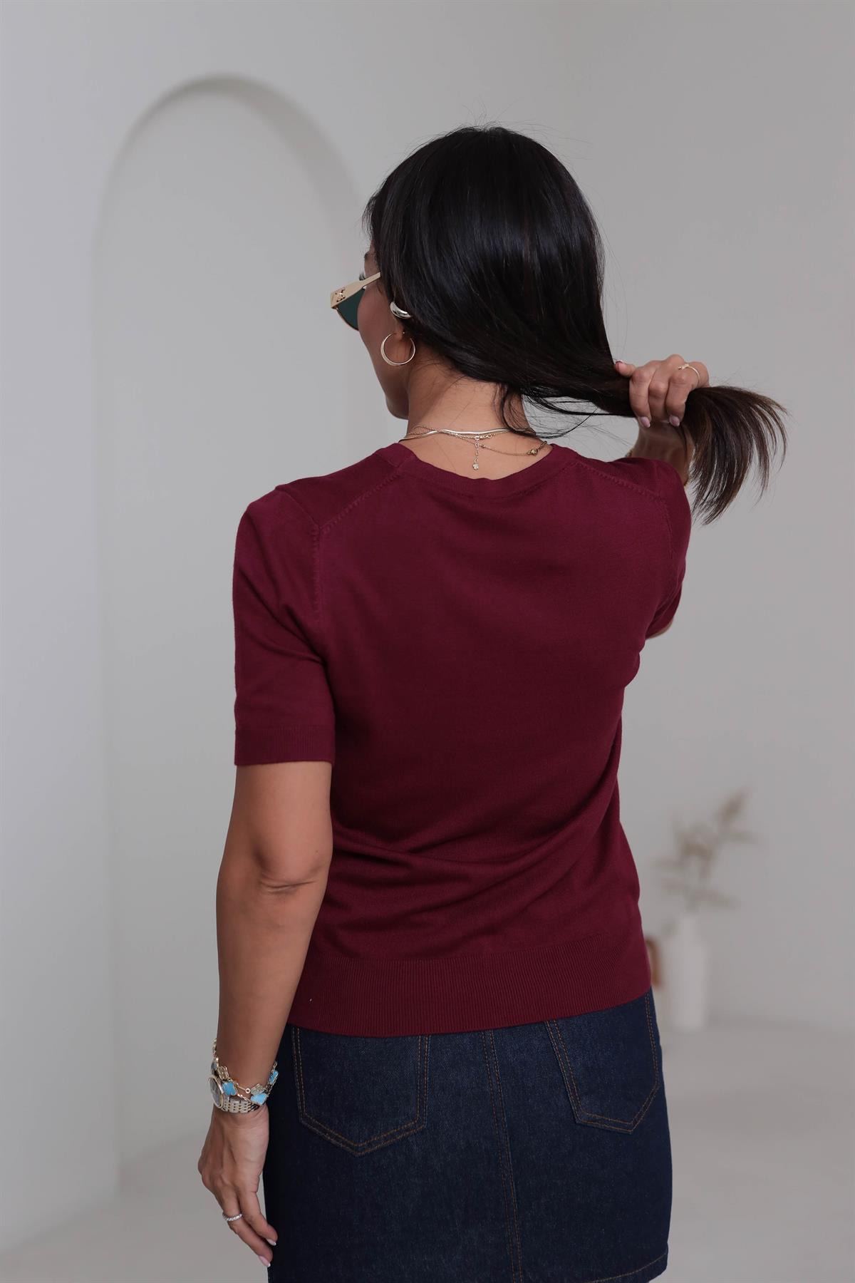 0779 Bisiklet Yaka Kısa Kol Basic Triko Bluz BORDO