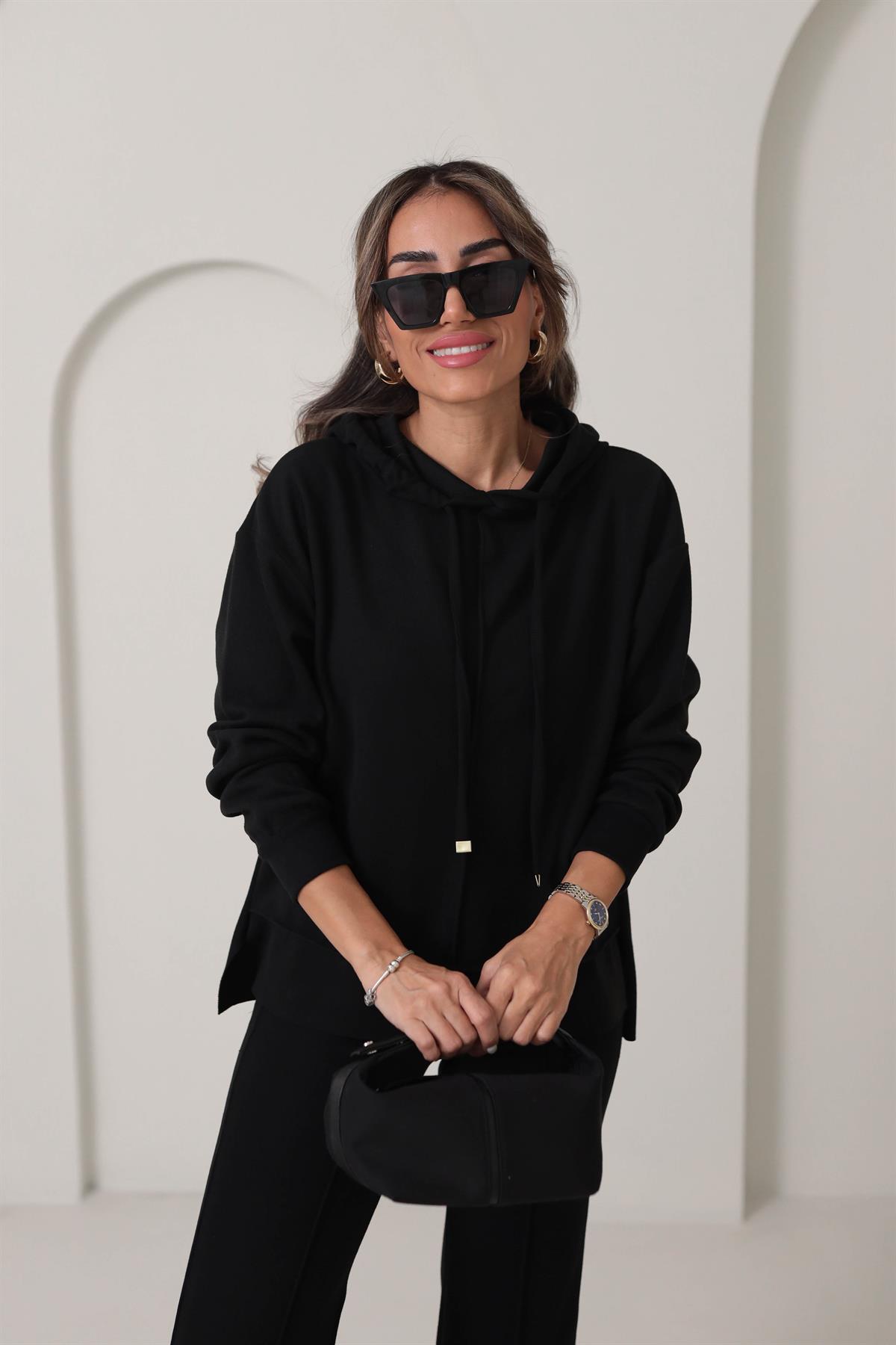 09T2 Ön Dikiş Detaylı Dokulu Rahat Takım SİYAH