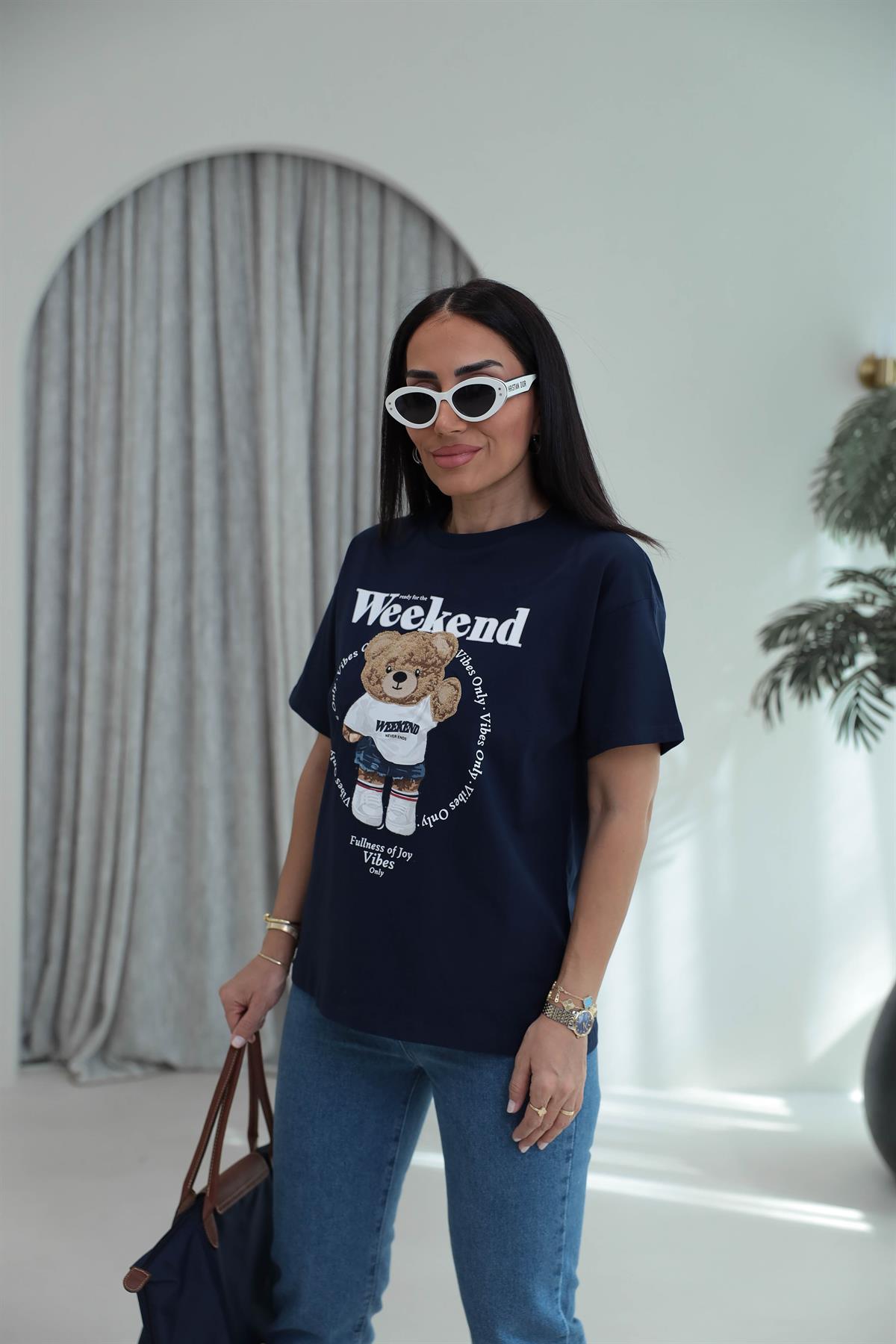 7514 Bisiklet Yaka Teddy Aplikeli Tshirt LACİVERT