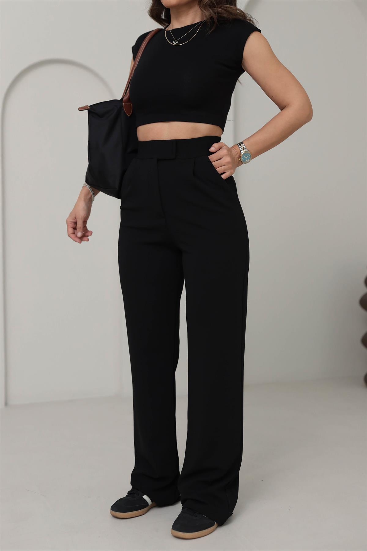 3826 Likralı Cırtlı Palazzo Pantolon SİYAH