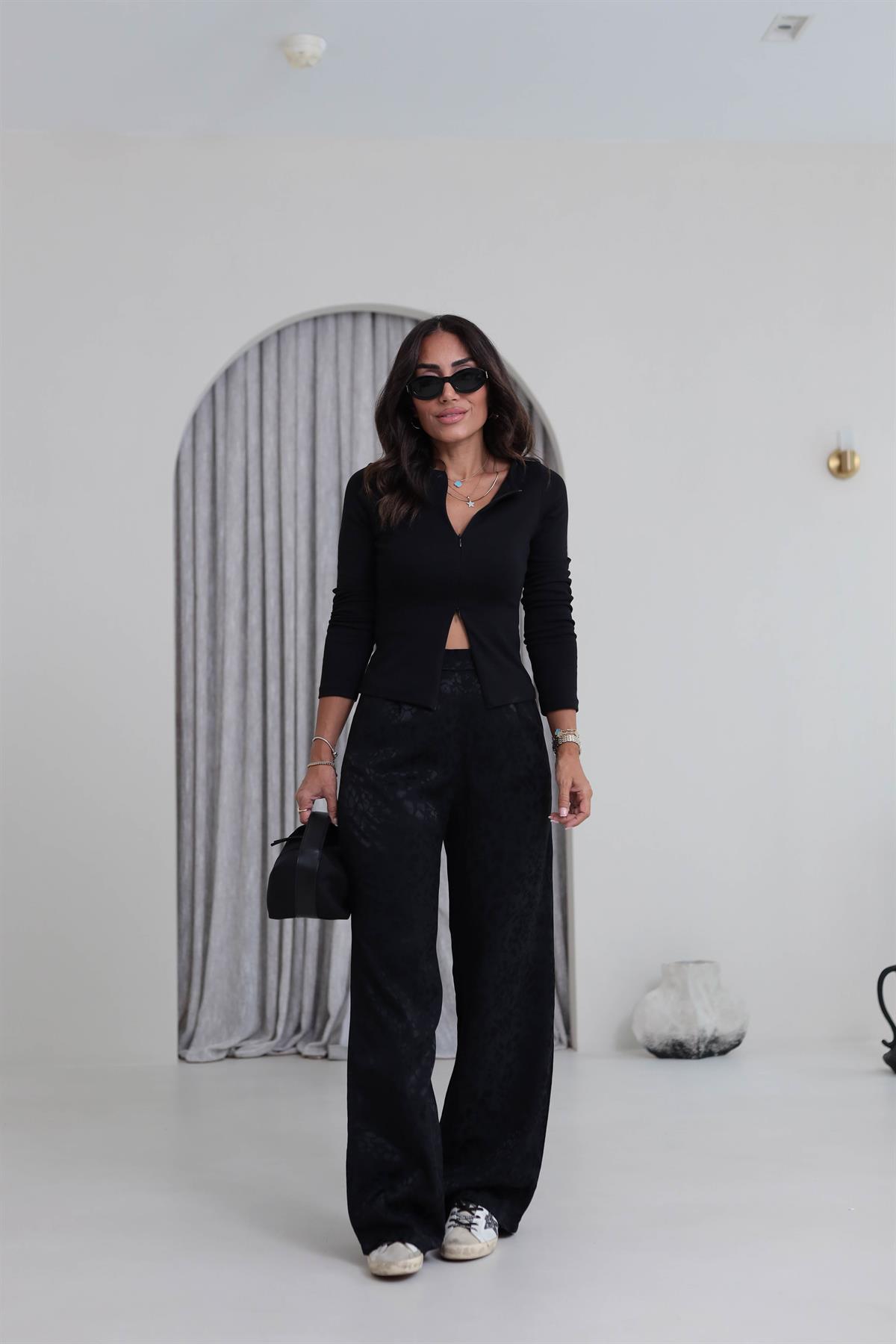 0338 Leopar Desen Saten Pantolon SİYAH