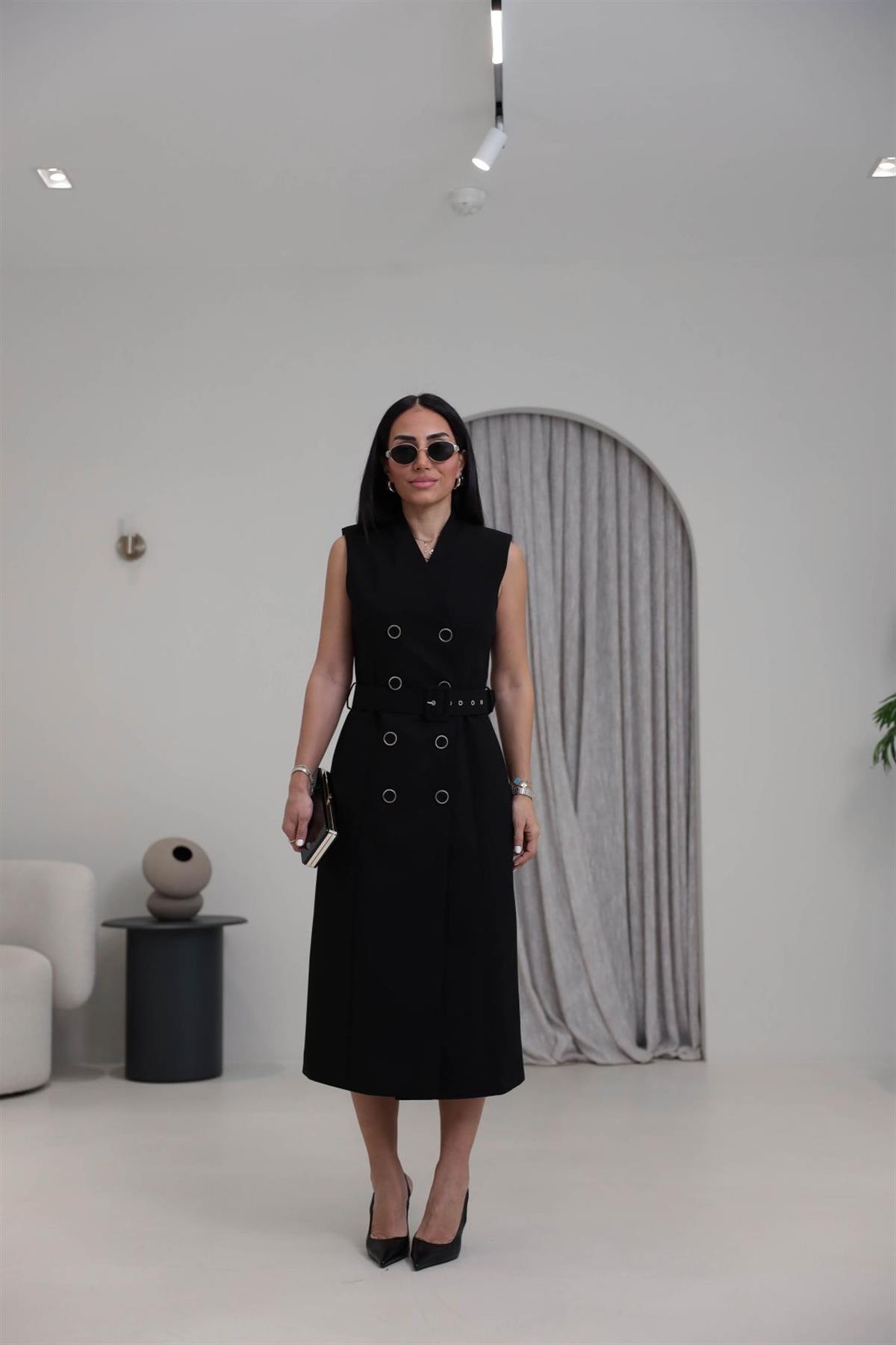 7175 Vatkalı Düğme ve Kemer Detaylı Elbise SİYAH