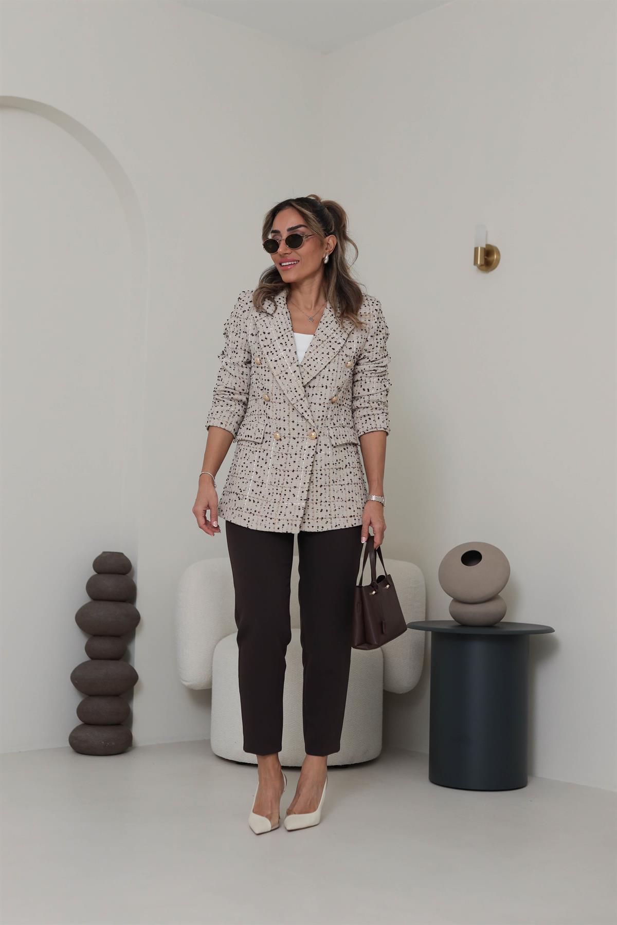 6213 Kruvaze Yaka Gold Düğmeli Tüvit Ceket TAŞ