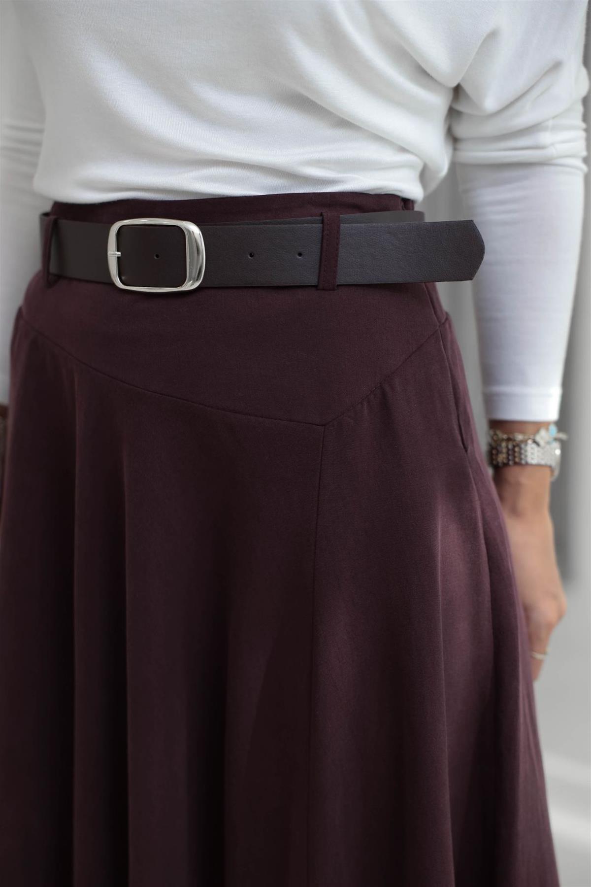 0670 Asimetrik Dikiş Detay Kemerli Kloş Etek MÜRDÜM