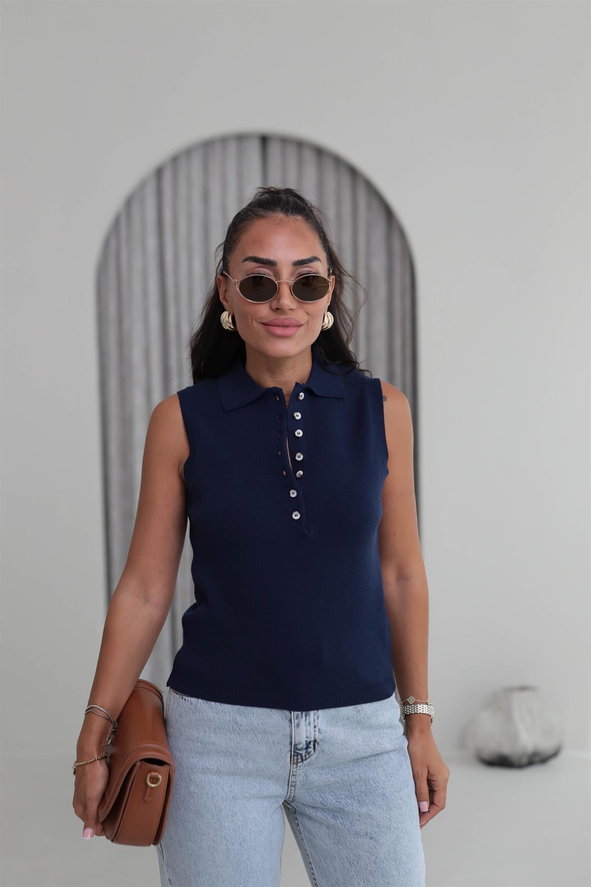 Polo Yaka Yarım Düğmeli Süveter LACİVERT