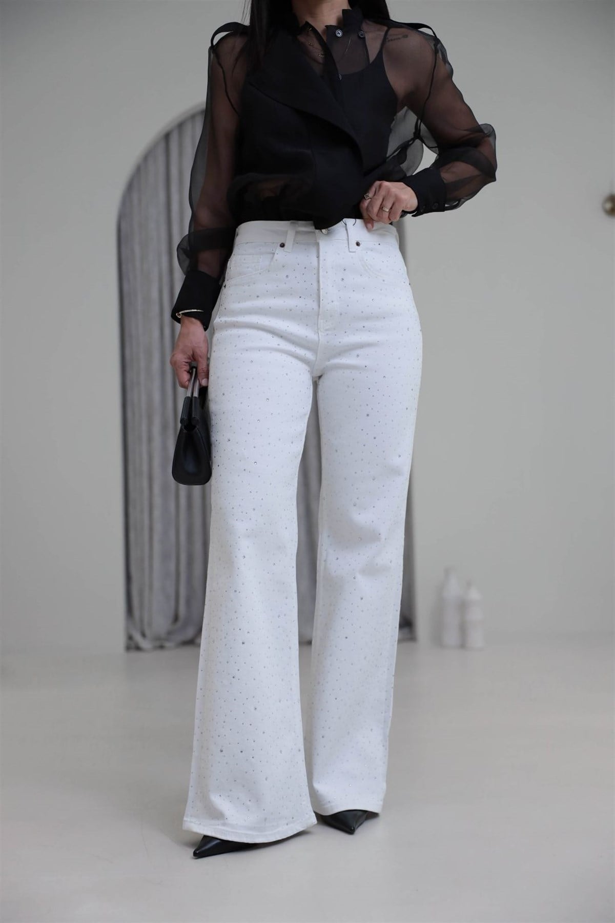 Taşlı Yüksek Bel Likralı Wide Leg Jean BEYAZ