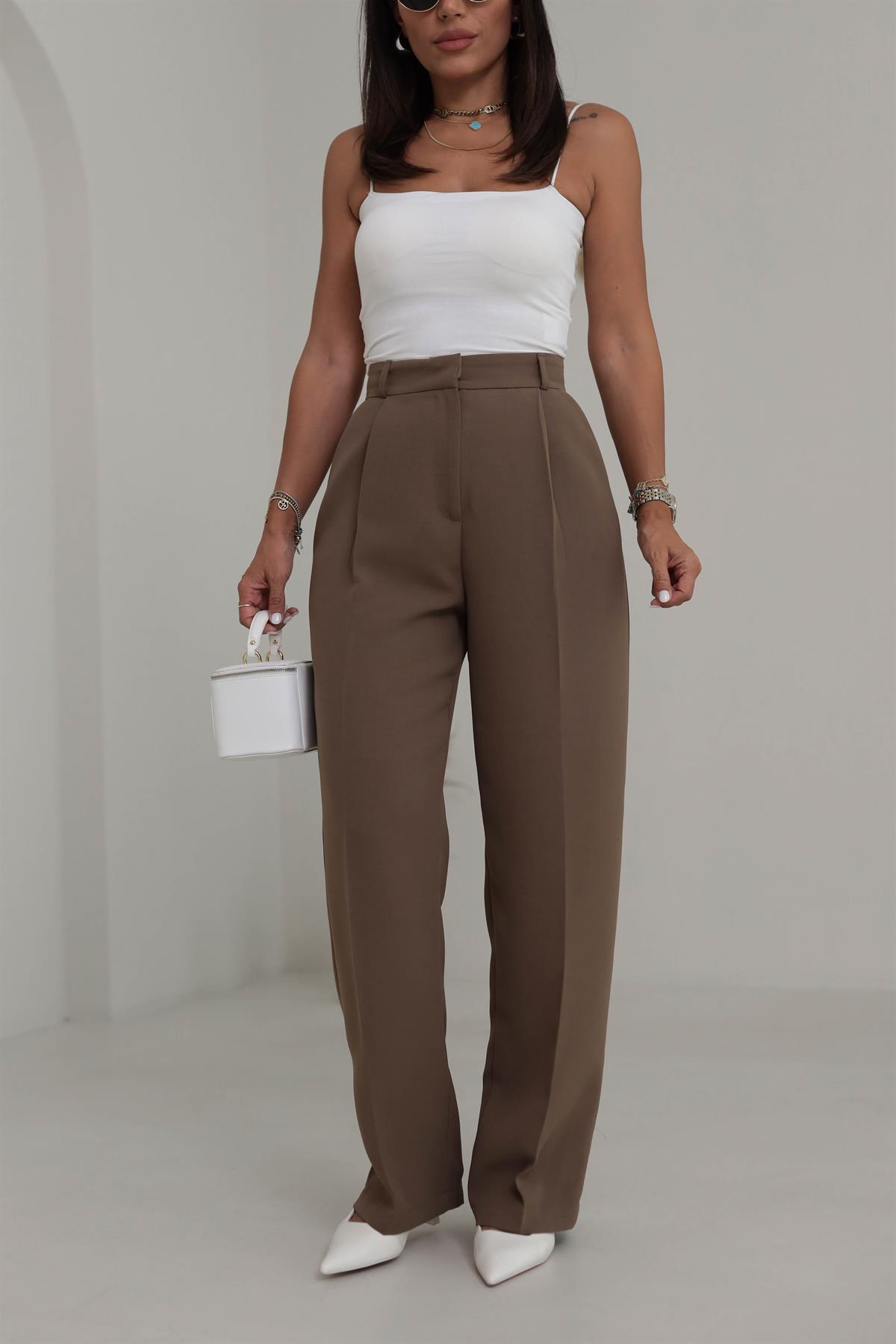 1024 Pile Detaylı Kumaş Pantolon CAMEL