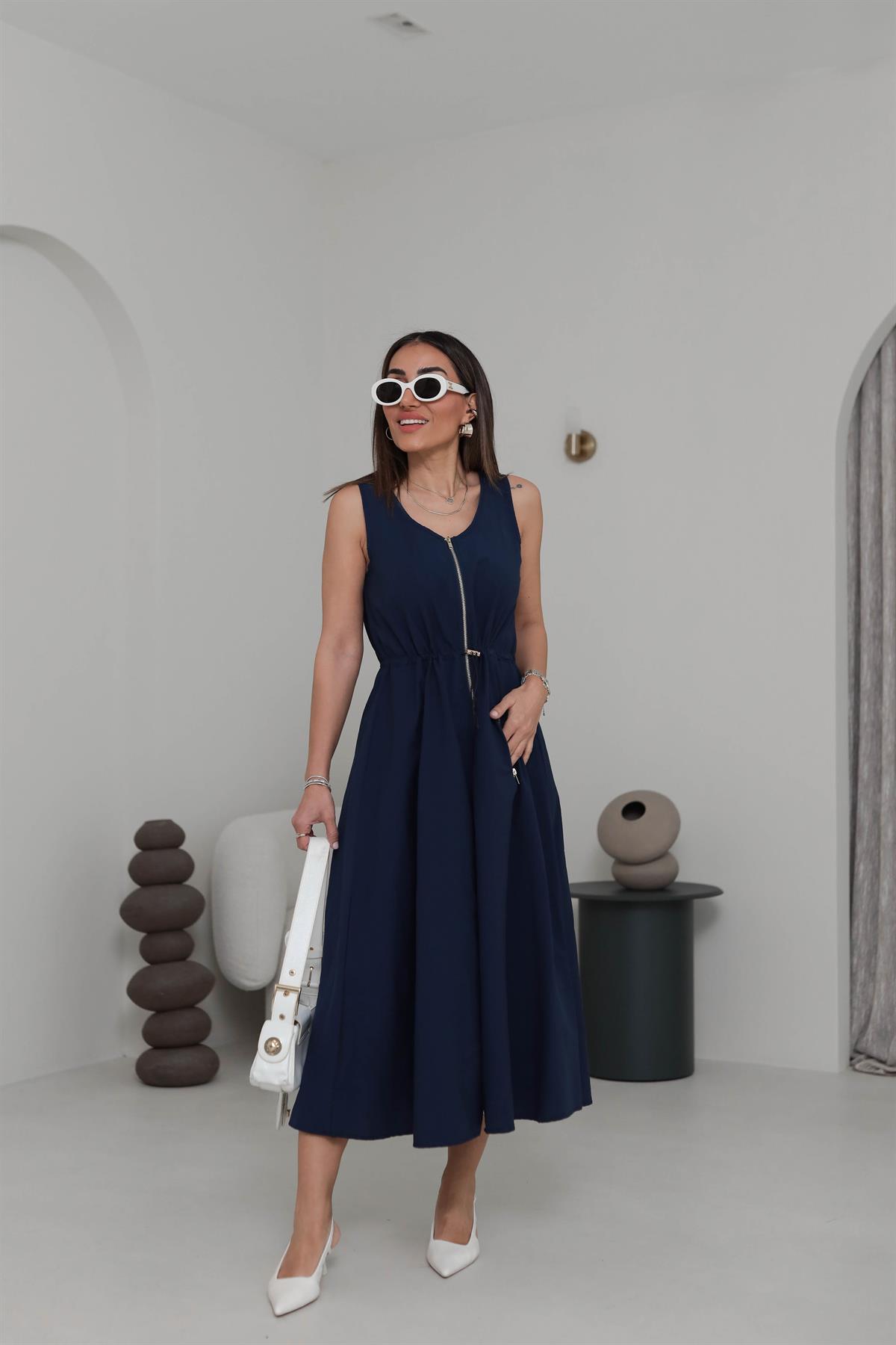 6069 Gold Fermuarlı Sıfır Kol Midi Elbise LACİVERT