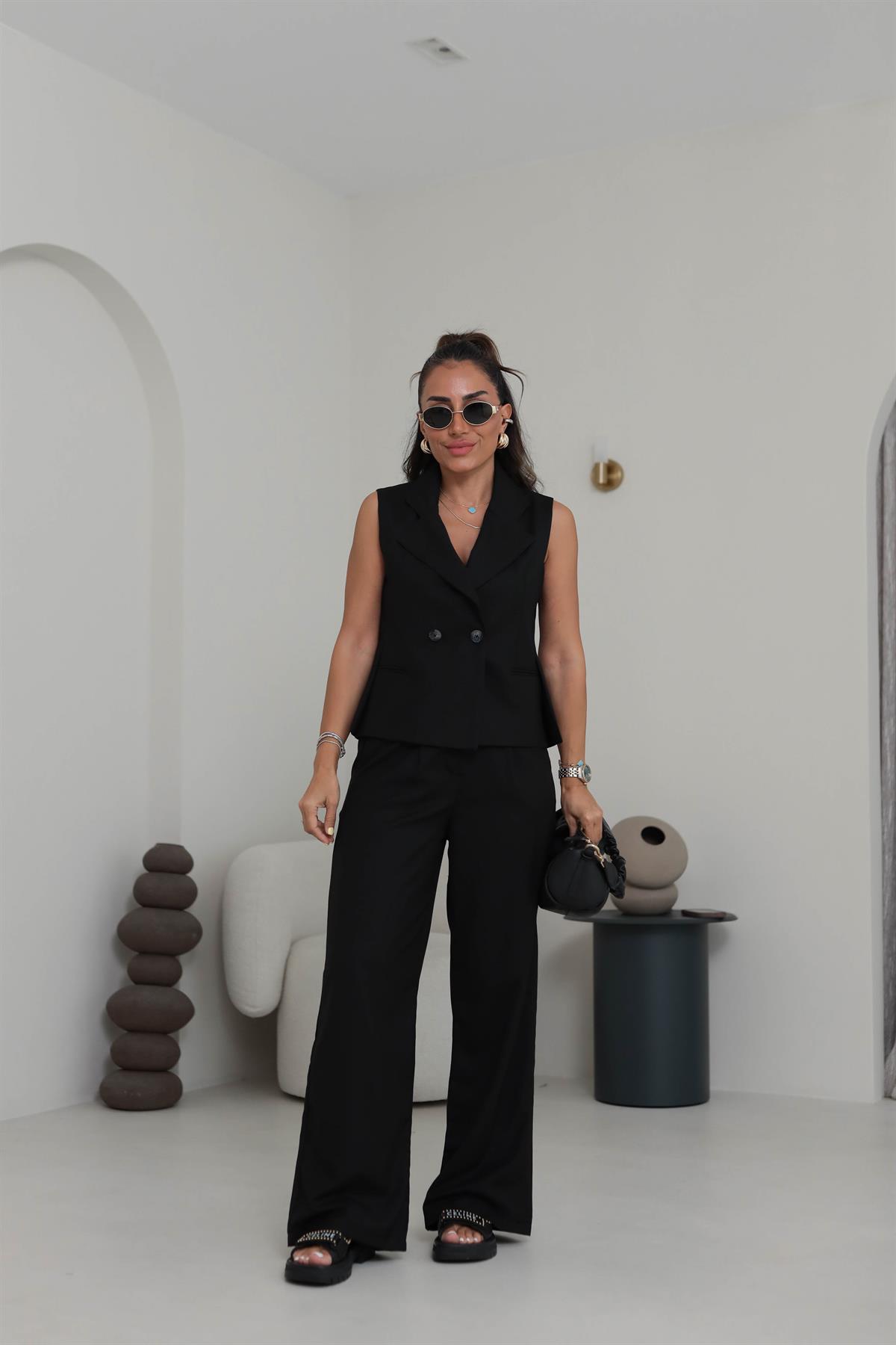 0429 Yelekli Palazzo Pantolonlu Takım SİYAH