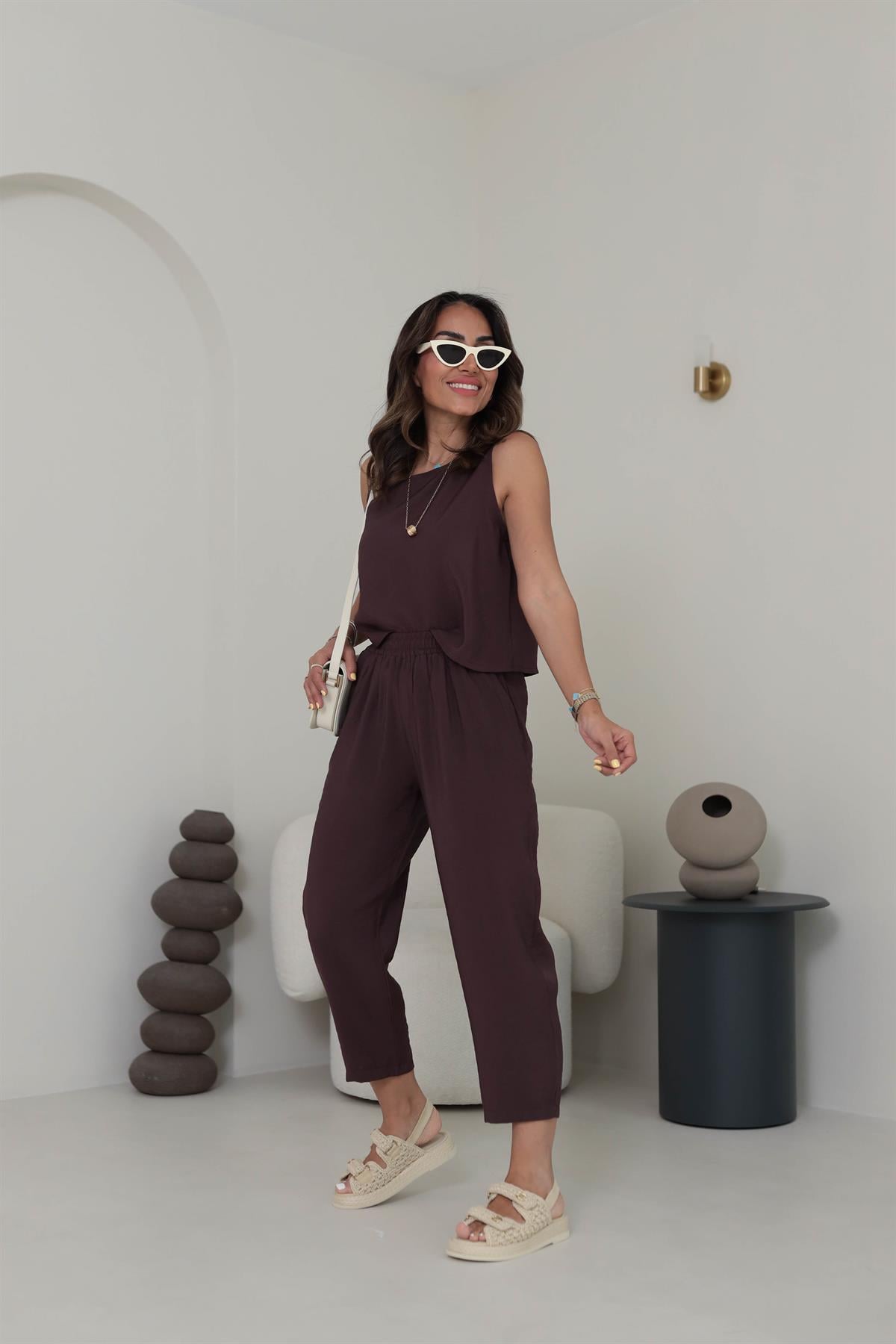 3089 Tencel Kumaş Kolsuz Takım ACI KAHVE