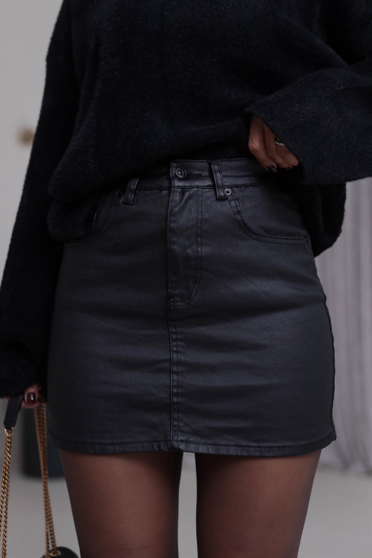 1676 Za Mumlu Mini Etek SİYAH