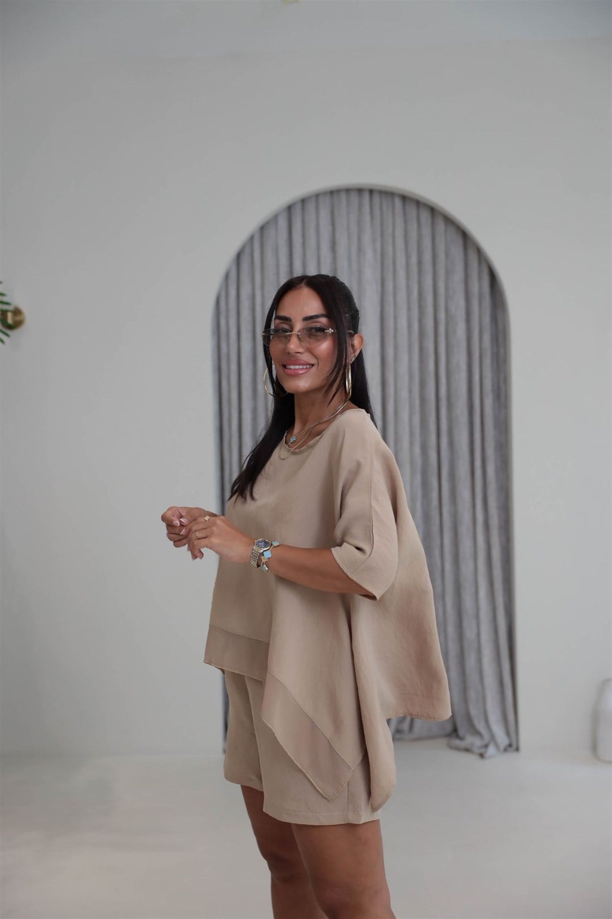 0548 Şortlu Tencel Kumaş Takım KOYU BEJ