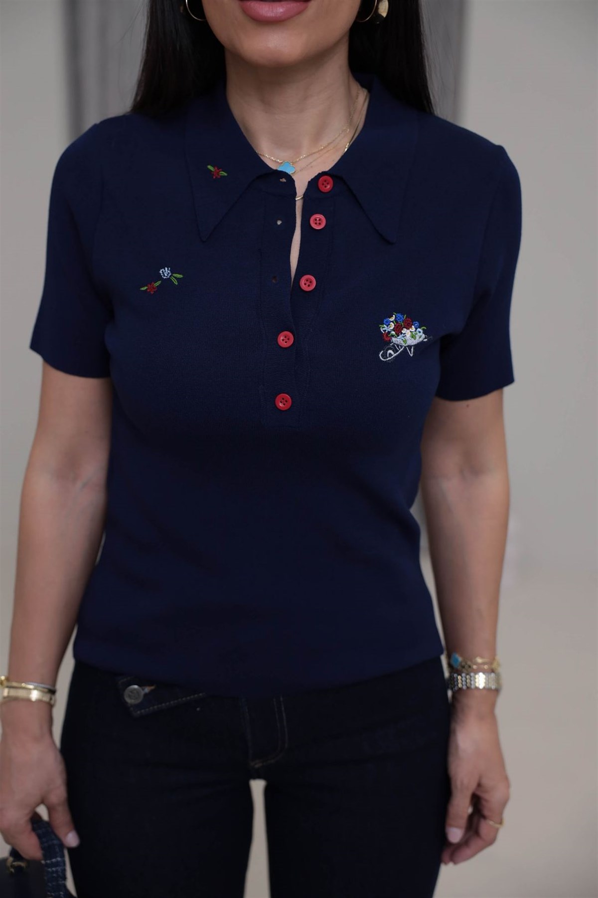 0615 Çiçek Nakış Detay Polo Yaka Kısa Kol Triko LACİVERT