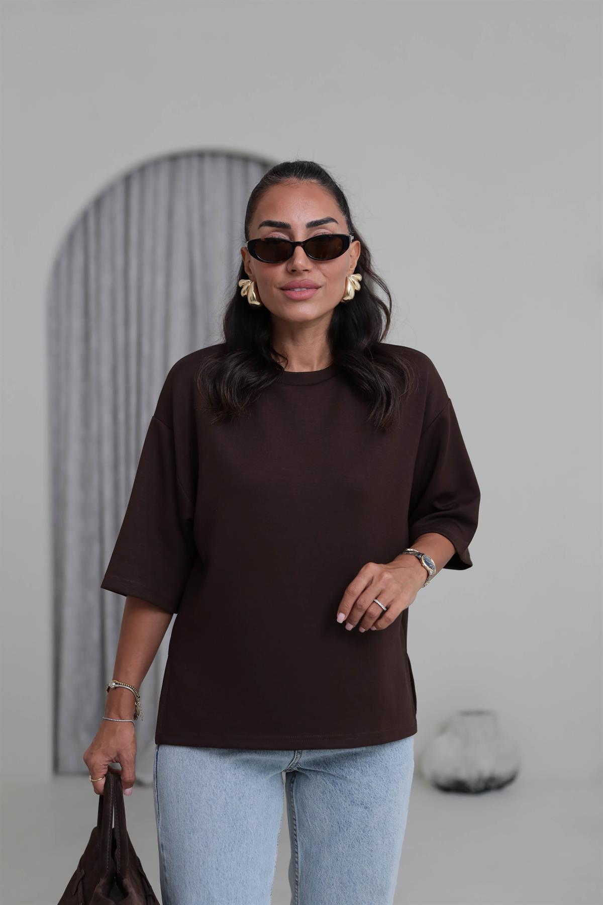 4783 Bisiklet Yaka Rahat Modal Cupra Tshirt KAHVE