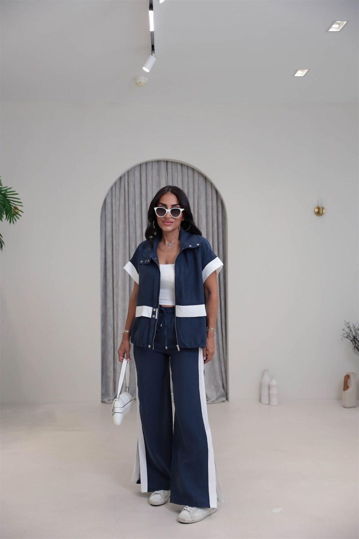 7519 Garni Detaylı Tencel Kumaş Takım LACİVERT