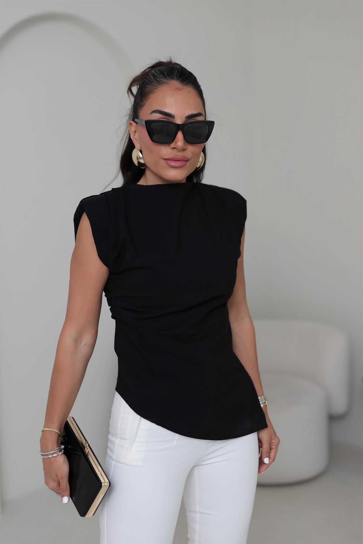 9730 Drapeli Asimetrik Vatkalı Bluz SİYAH