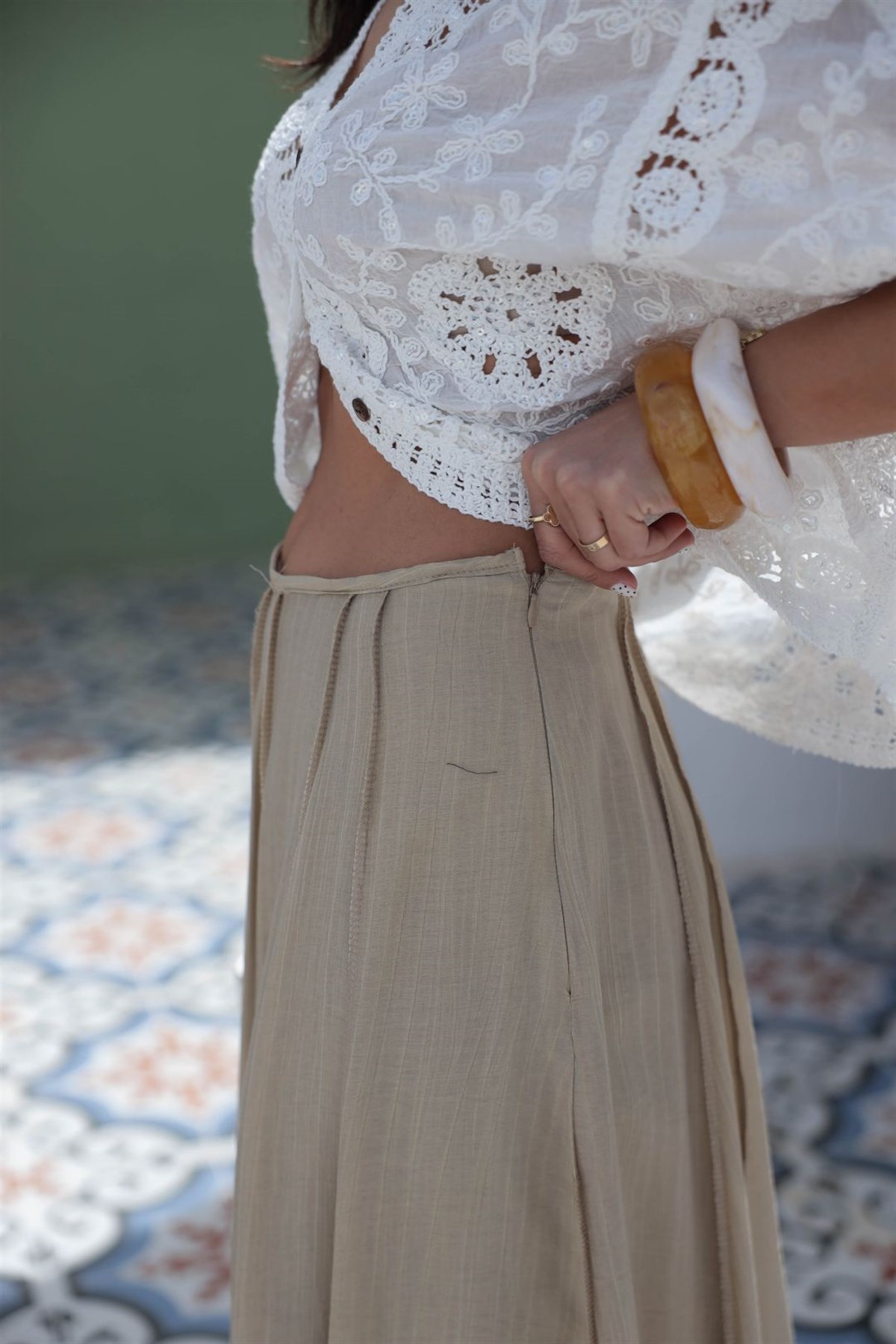 0963 Dikiş Detaylı Astarlı Etek OLİVE