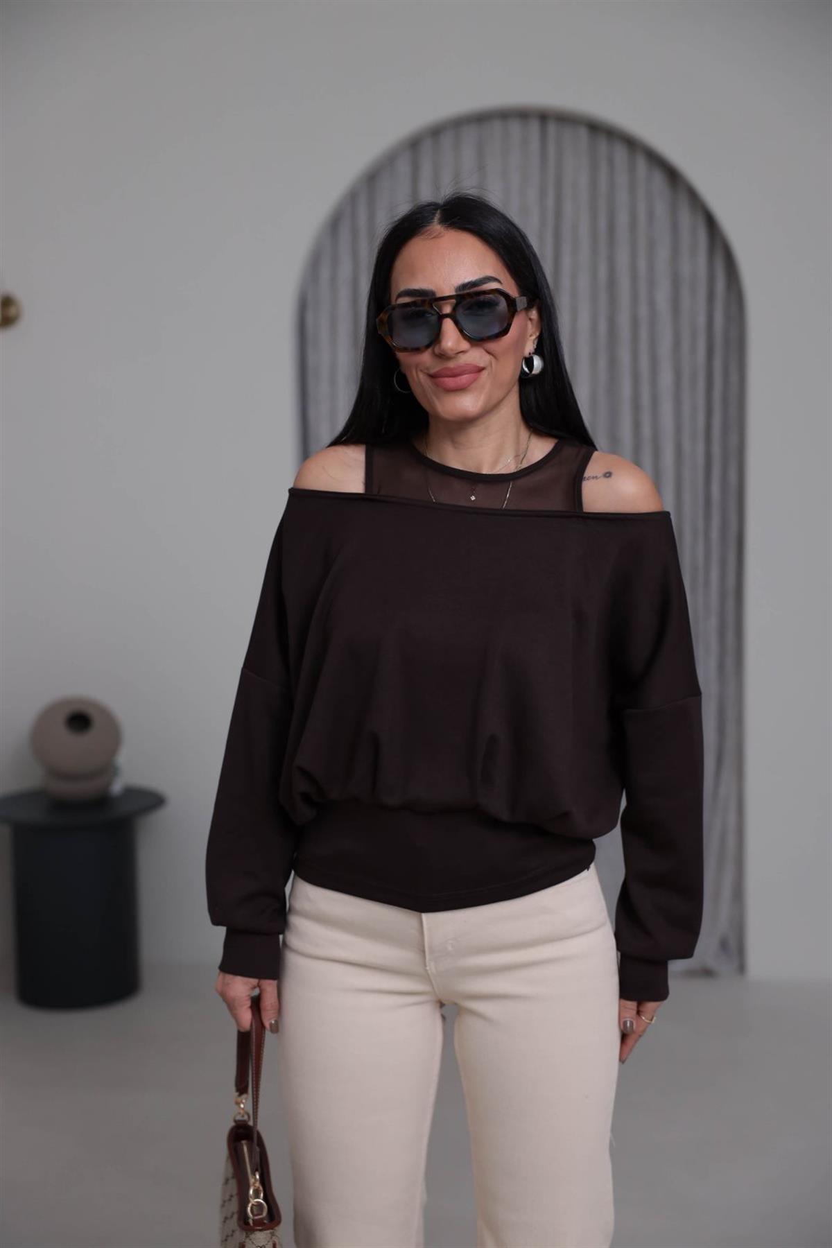 6710 Kol Dekolteli Tül Detaylı Bluz ACI KAHVE