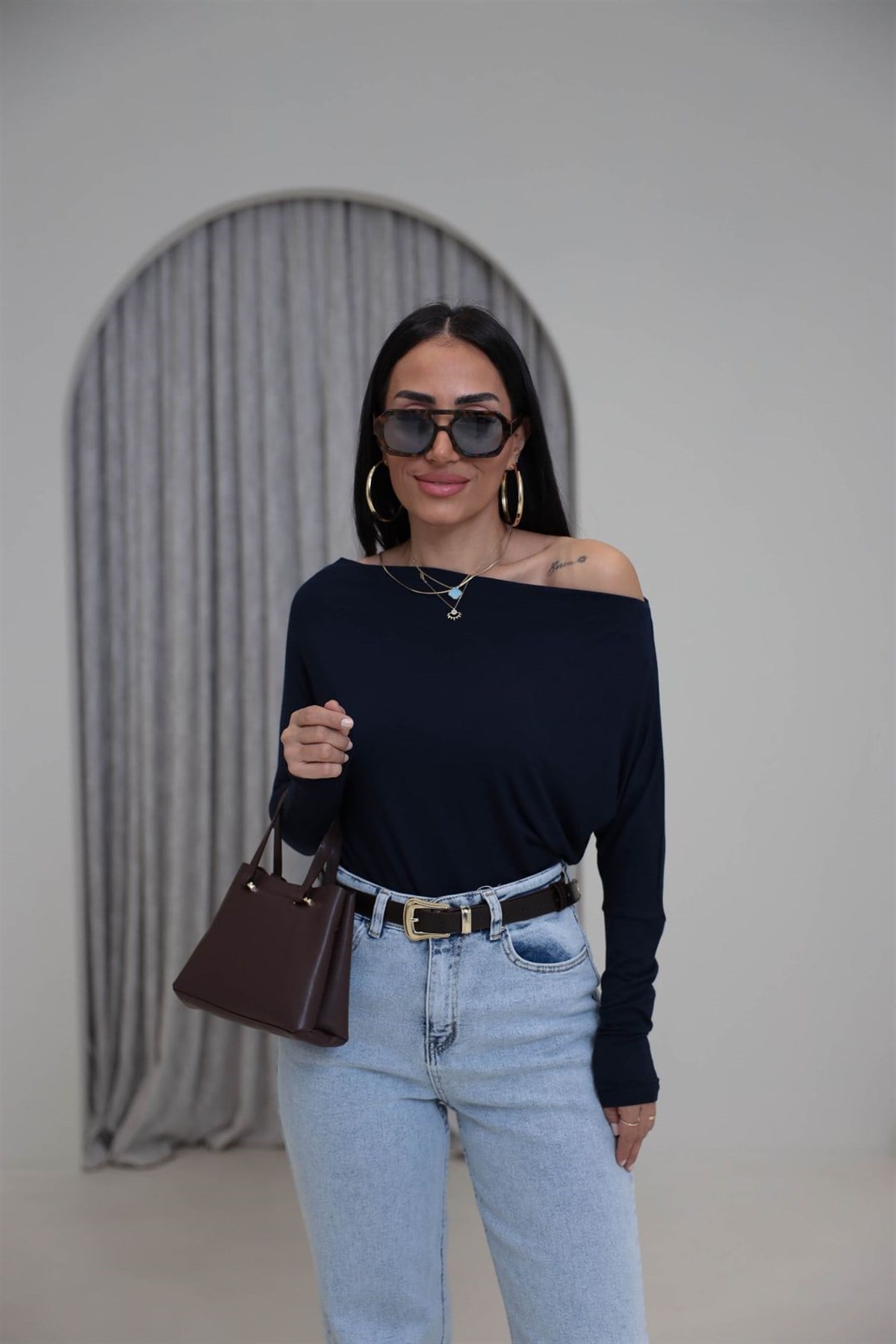 7221 Degaje Yaka Modal Bluz LACİVERT