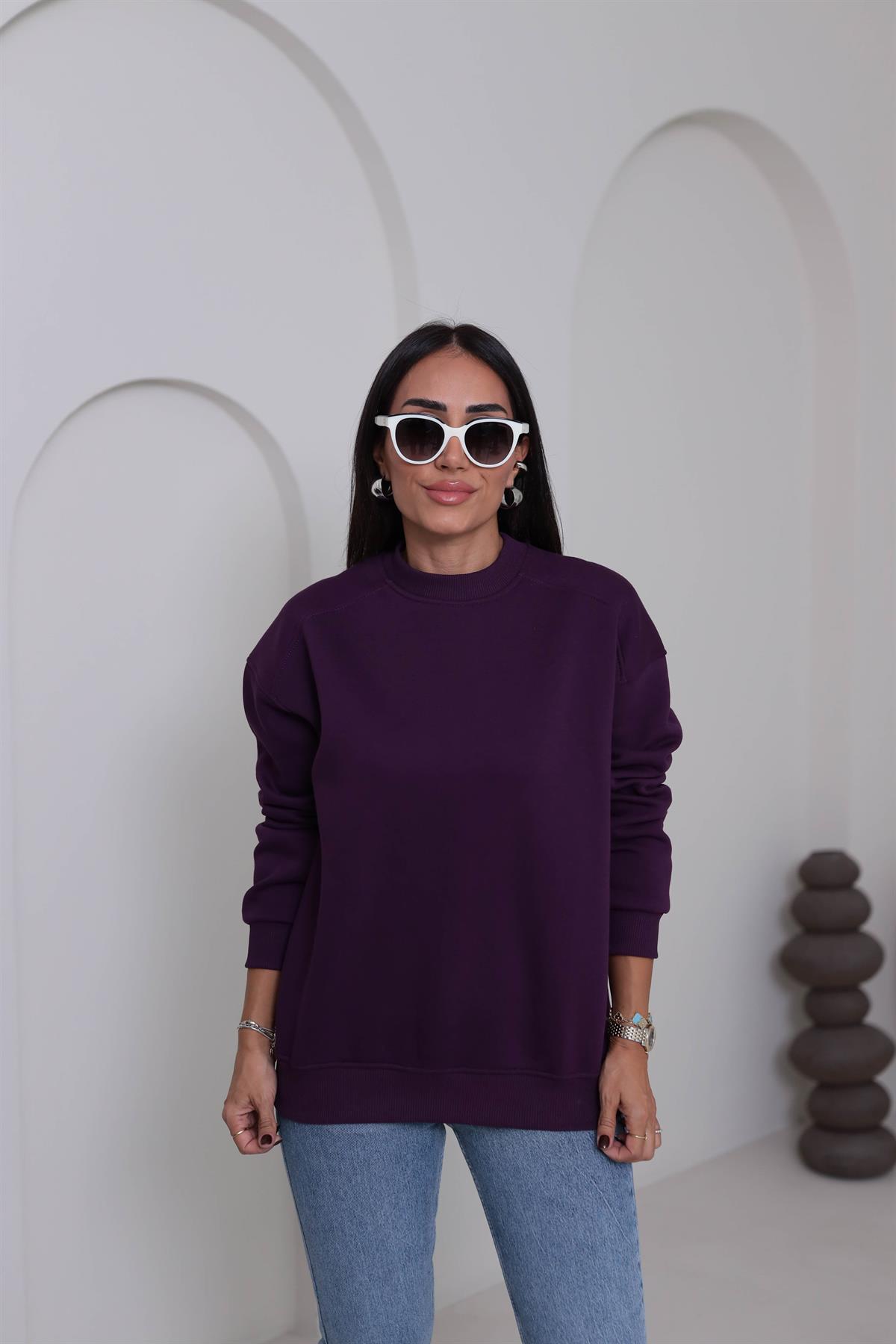 7912 Bisiklet Yaka Şardonlu Sweatshirt MOR