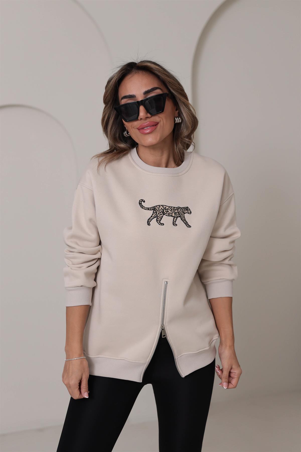 5617 Leopar Nakış Yarım Fermuarlı Şardonlu Sweatshirt BEJ