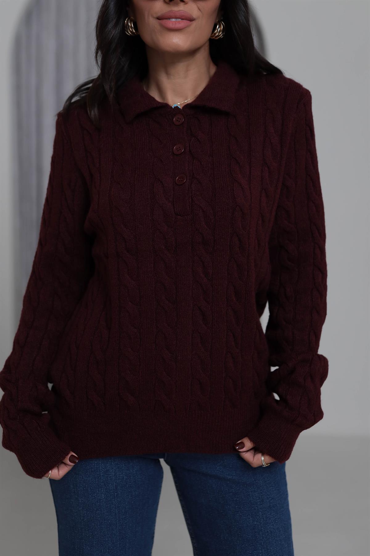 0145 Saç Örgü Polo Yaka Rahat Kazak MÜRDÜM