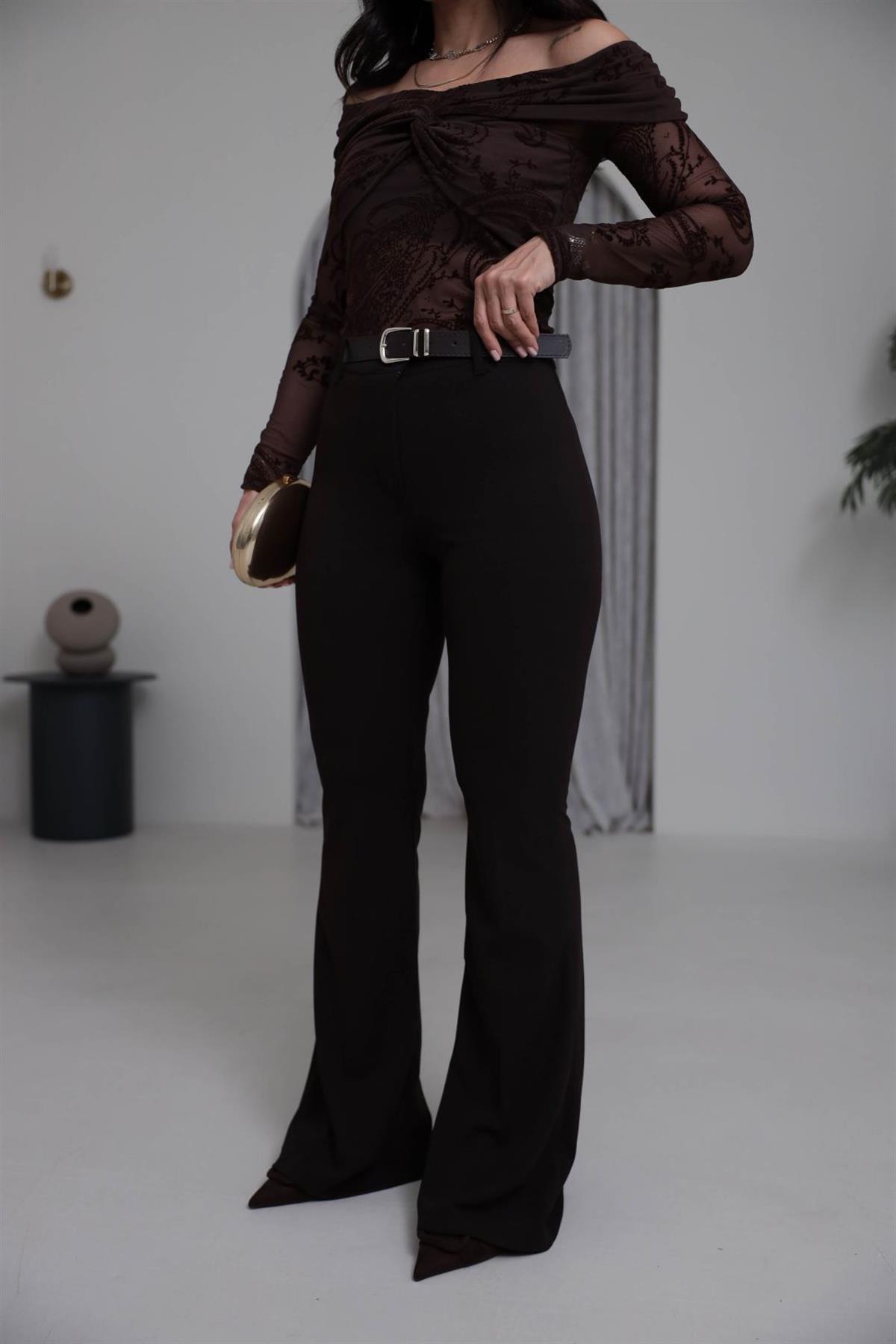 1741 Kemerli Likralı Kumaş Pantolon KAHVE