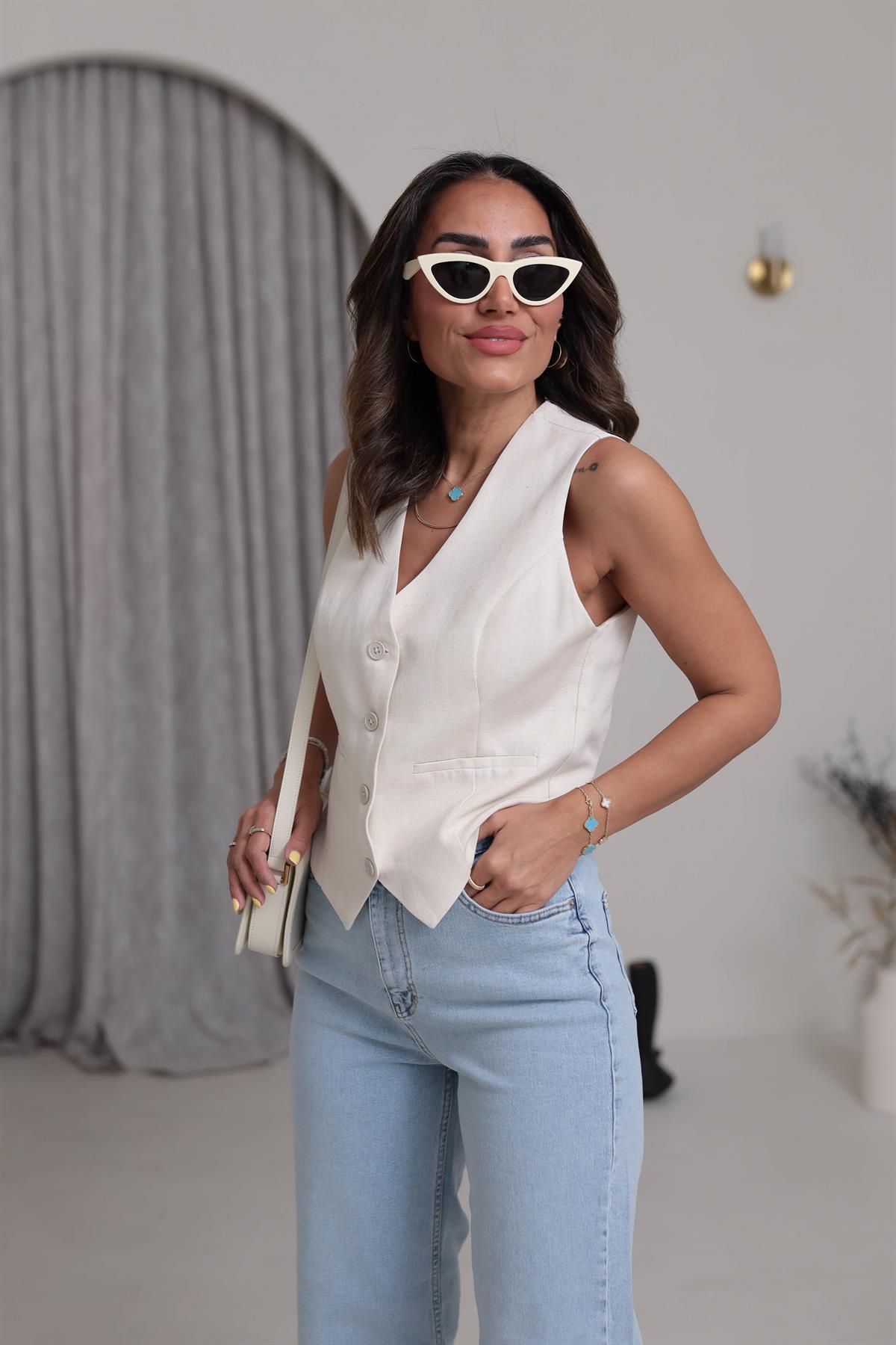 1144 Arka Toka Detay Terni Yelek NATURAL