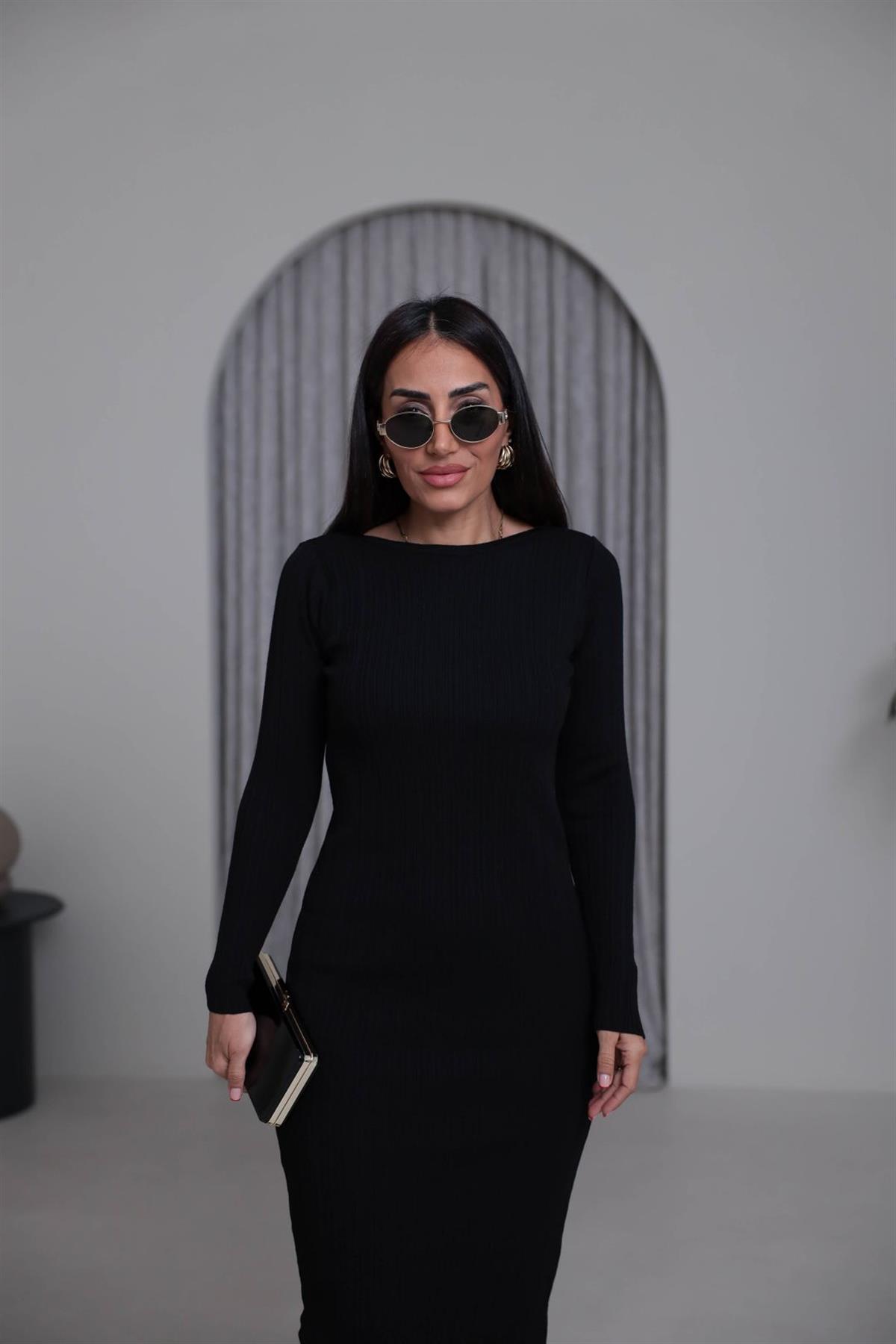 2000 Kayık Yaka Triko Elbise SİYAH