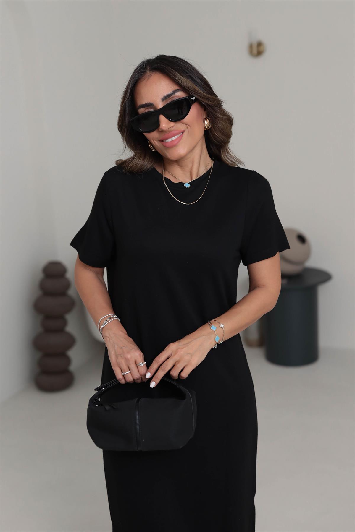 116 Bisiklet Yaka Kısa Kol Yırtmaçlı Modal Elbise SİYAH