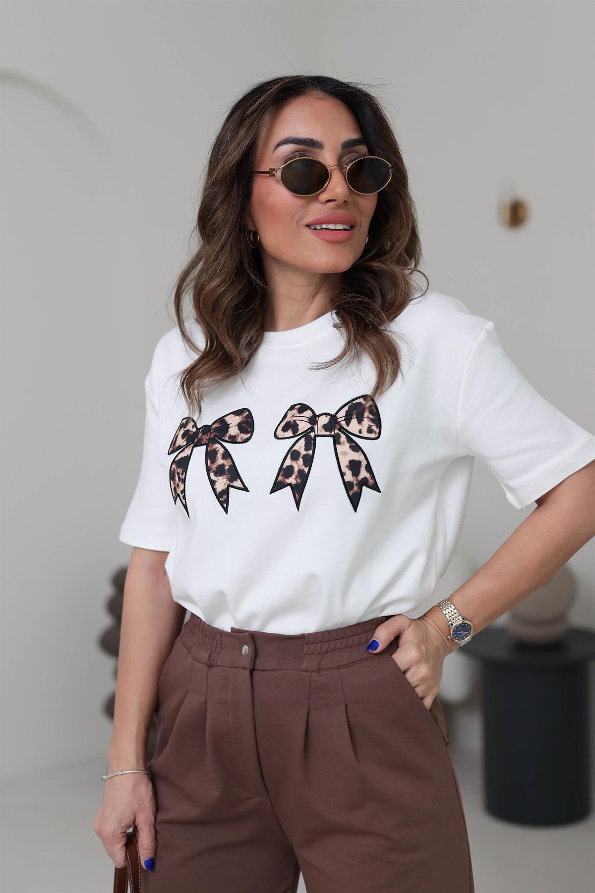 3197 Leopar Kurdele detaylı Tshirt EKRU